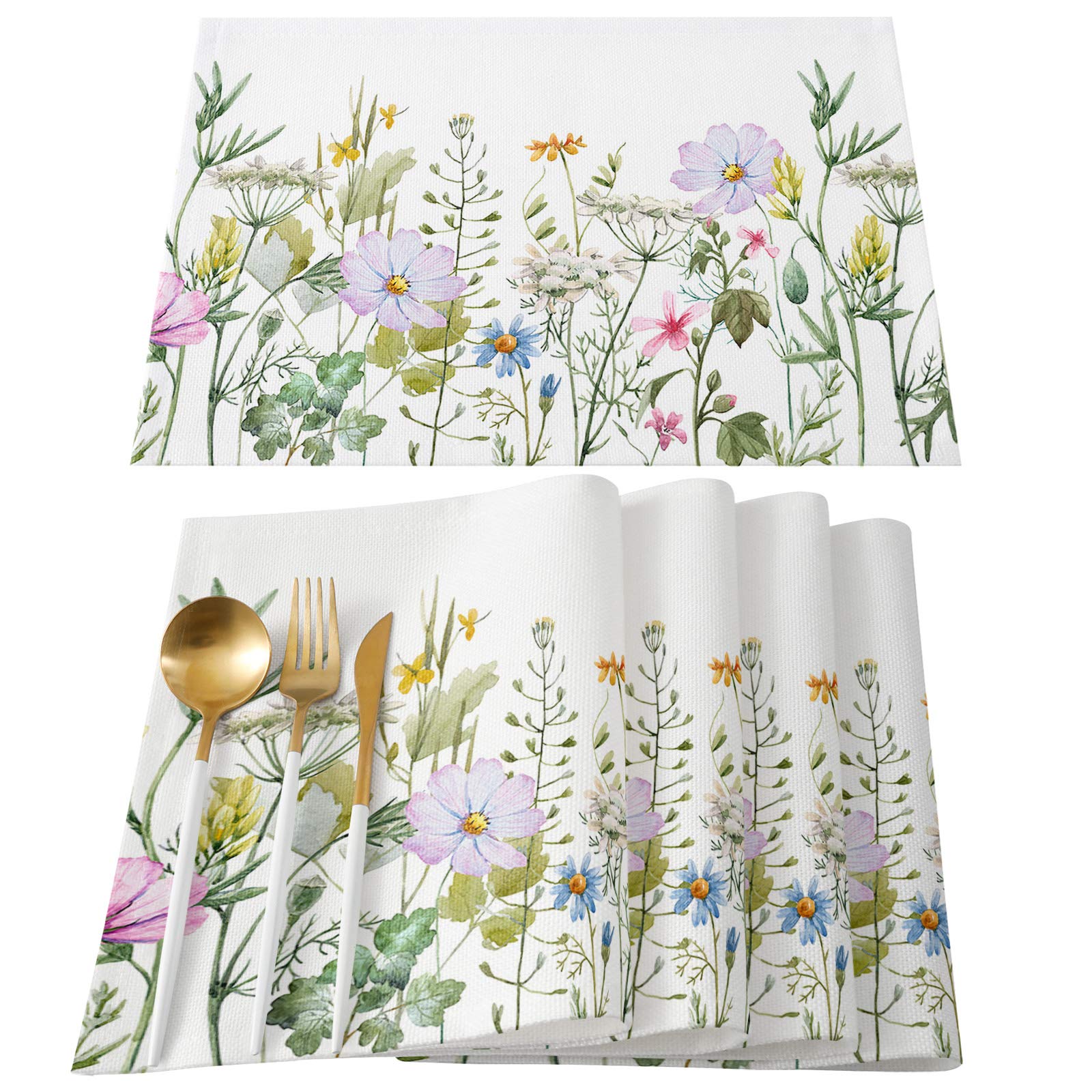 Vanilla Floral Placemats Set of 4 - Non-Slip Heat Resistant Table Mats for Kitchen Dining, Spring Field Design - Perfect for Holiday Parties, Weddings & Home Decor (Ideal for Easter, Mother's Day & Outdoor Dining)
