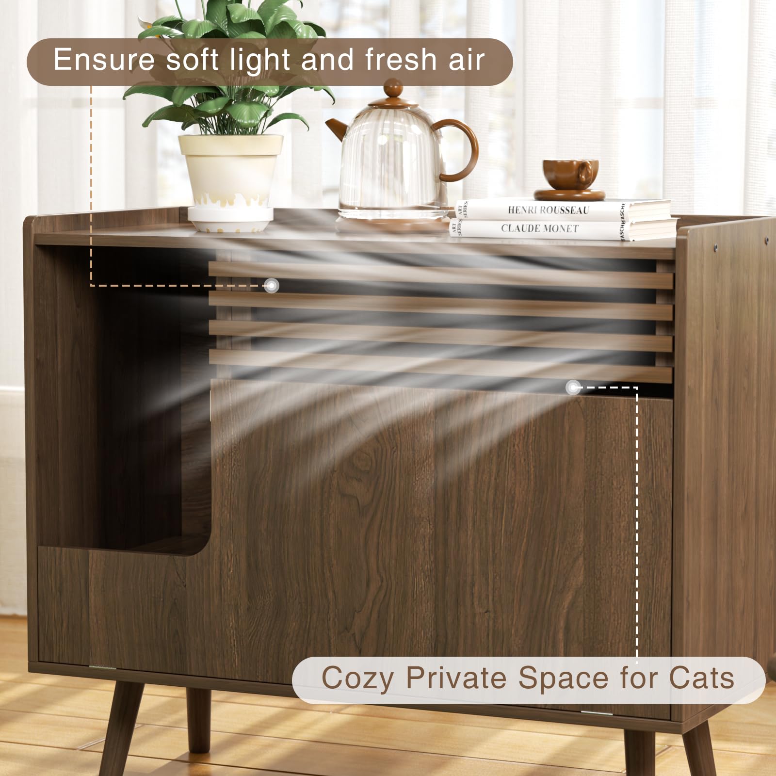 Mid-Century Modern Cat Litter Box Enclosure Furniture - Hidden Litter Box Cabinet with Scratch Pad & Flip-Down Door, Brown End Table for Living Room & Bedroom Cat Washroom Solution