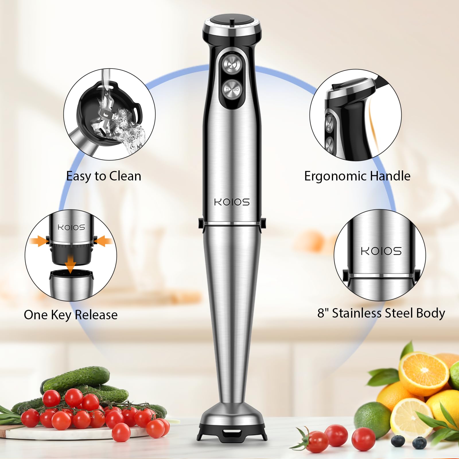 KOIOS 1000W 3-in-1 Immersion Hand Blender with 12 Speed Settings & Turbo Mode - Stainless Steel Anti-Scratch Blade, Whisk & Milk Frother - BPA-Free Black Stick Blender for Smoothies, Soups, Baby Food & Baking