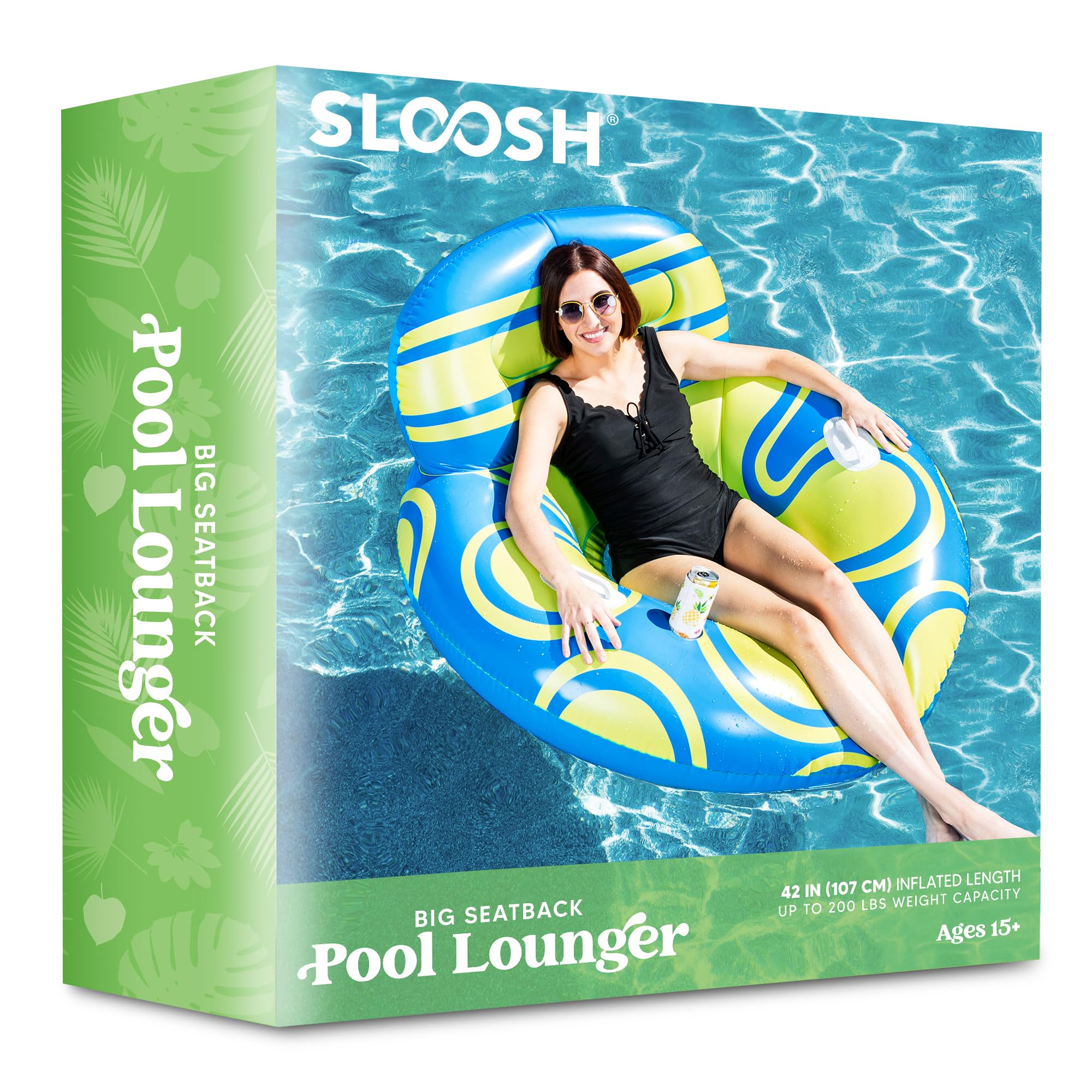 **Sloosh Inflatable Pool Float Lounger - Comfortable River Tube Floating Chair with Big Backrest, Mesh Bottom & Cup Holder - Perfect for Lake, Pool, Beach Relaxation & Summer Party Fun (Blue & Yellow)**