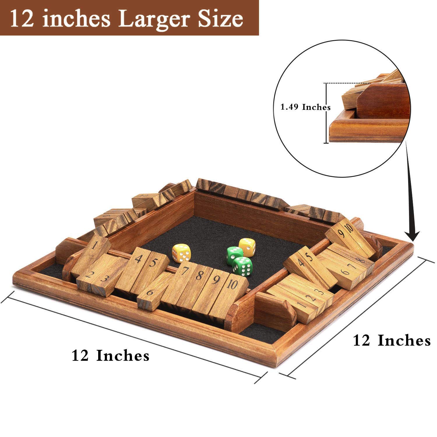 AMEROUS 1-4 Players Shut The Box Dice Game - Wooden Board Math Tabletop Game with 12 Dice & Instructions for Kids, Adults, Family, Classroom, Pub - Fun Educational Game for Home, Parties & Bars (12 Inch)