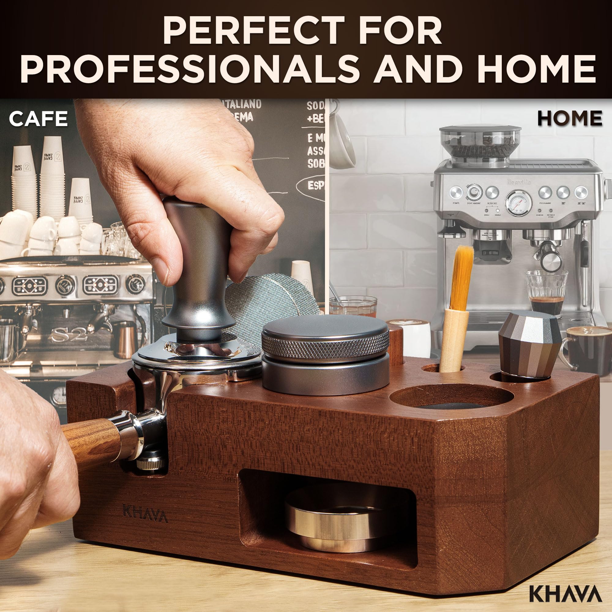 KHAVA Wooden Espresso Tamping Station 58mm - Coffee Bar Organizer for Countertop & Portafilter Holder