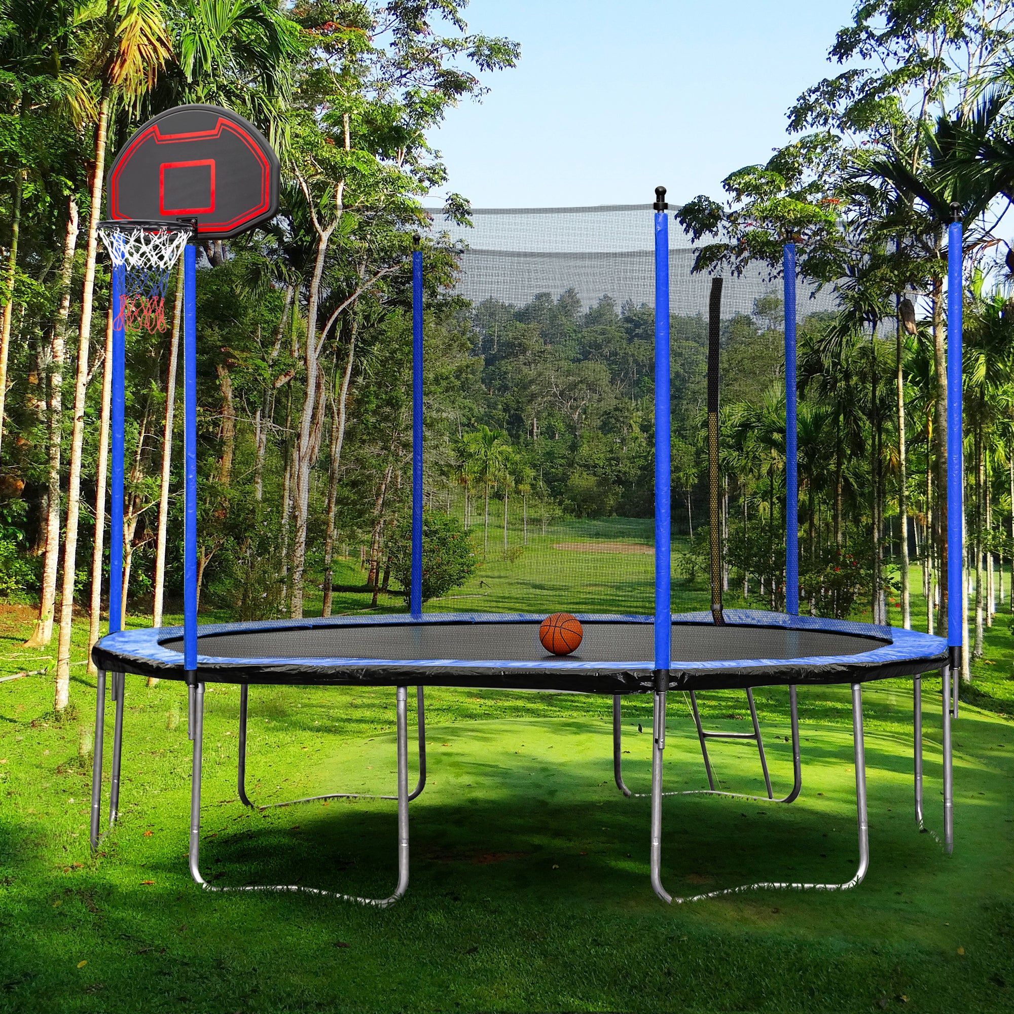 15FT Trampoline with Basketball Hoop, Air Pump, and Safety Ladder - Blue | Outdoor Backyard Fun for Kids & Adults | Perfect for Exercise, Play, and Family Bonding