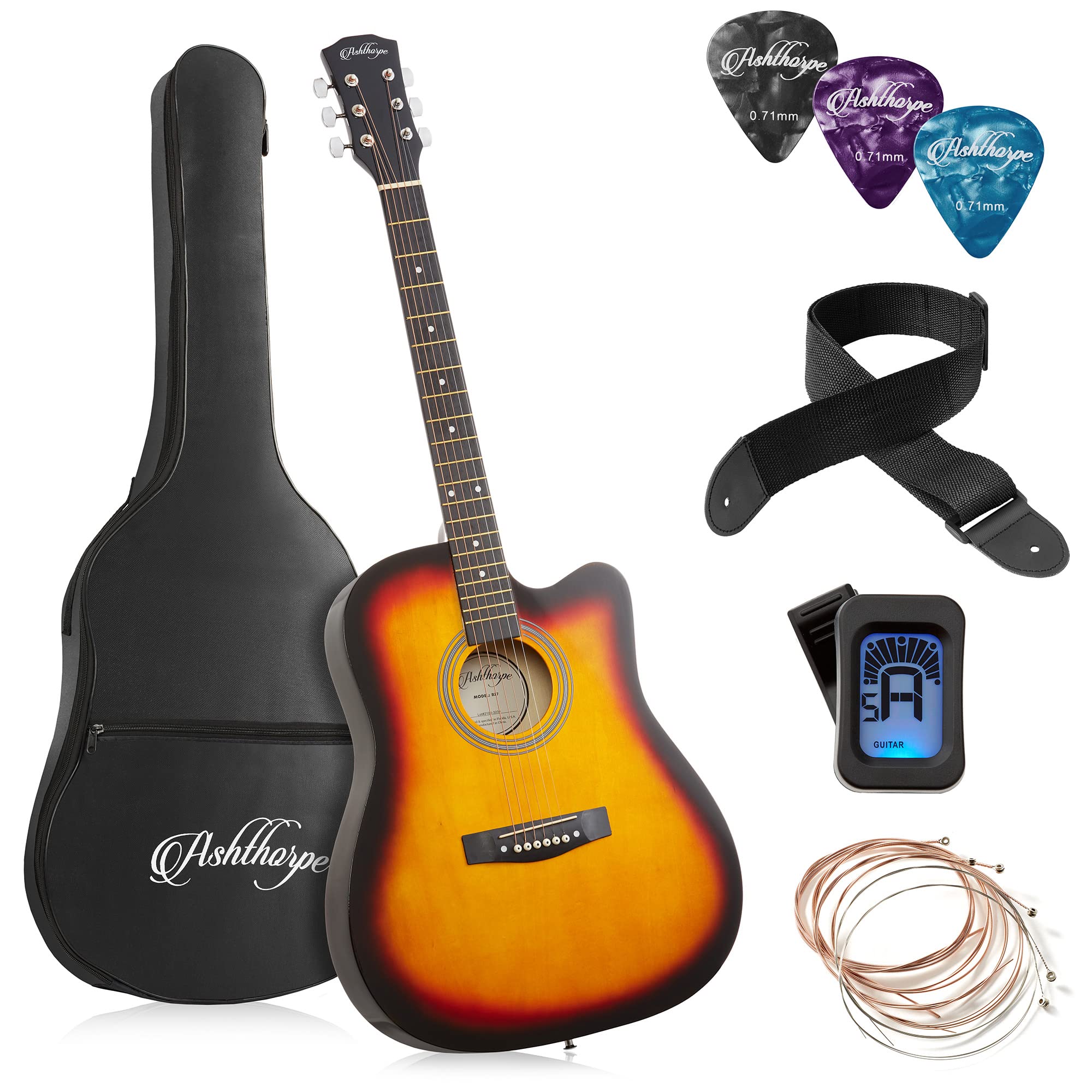 Ashthorpe 41-inch Cutaway Acoustic Guitar Beginner Kit - Full Size Sunburst Guitar with Gig Bag, Strings, Strap, Tuner & Picks - Perfect for Beginners, Travel & Campfire Performances
