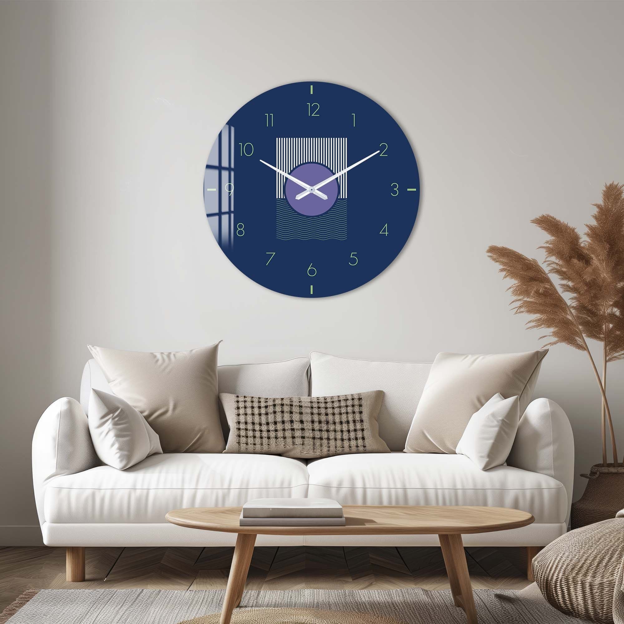 Navy Blue Glass Wall Clock - Modern Decorative Clock for Living Room, Bedroom & Office - Silent Non-Ticking Battery Operated