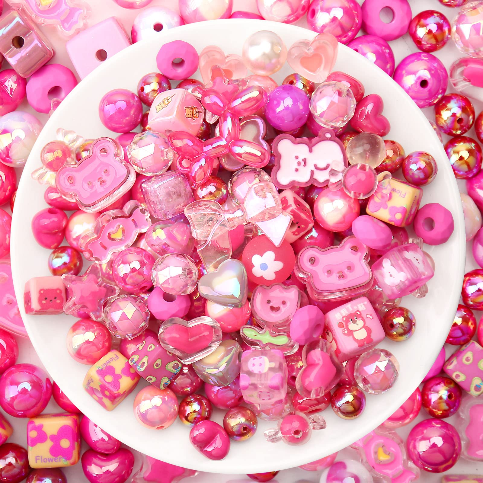 100g Acrylic Assorted Beads - Butterfly, Flower, Heart & Star Shaped Beads in AB Color, Pastel Round Loose Beads for DIY Jewelry Making - Perfect for Bracelets, Necklaces, Earrings & Keychains - Great for Craft Projects, Gift Making & Scrapbooking (Rose)