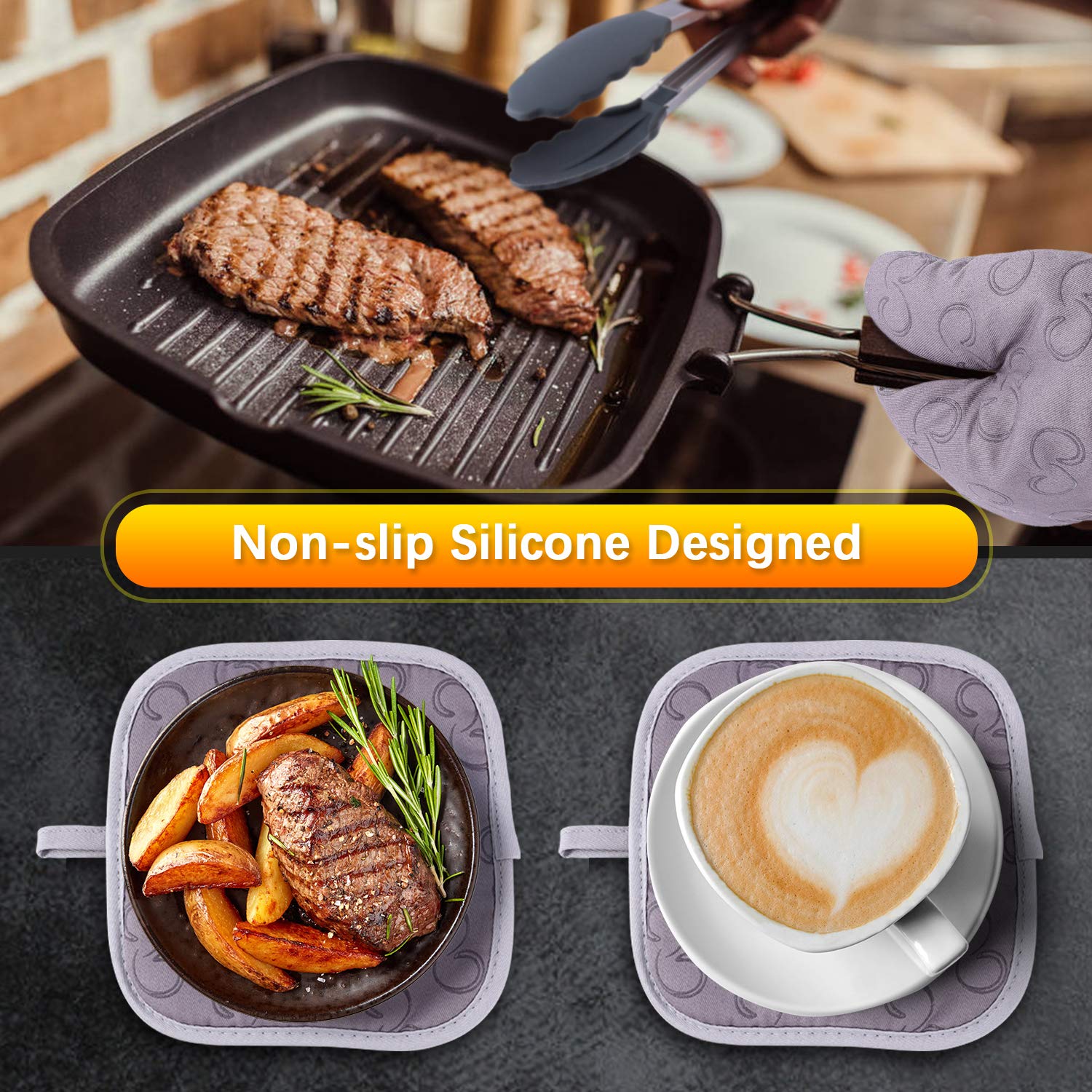 Heat Resistant Oven Mitts and Pot Holders Set with Kitchen Towel & Cooking Tongs - 500°F Non-Slip Silicone Surface for Baking, BBQ, Grilling - 6-Piece Kitchen Accessories (Grey) - Perfect for Home Cooking, Outdoor Camping & Holiday Gift Giving