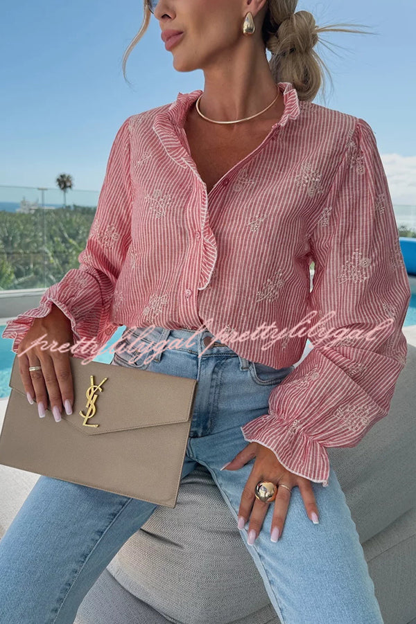 Stylish Stripe Print Embroidered Long Sleeve Casual Shirt for Men & Women | Comfortable Cotton Blend Top for Work, Date Night & Everyday Wear