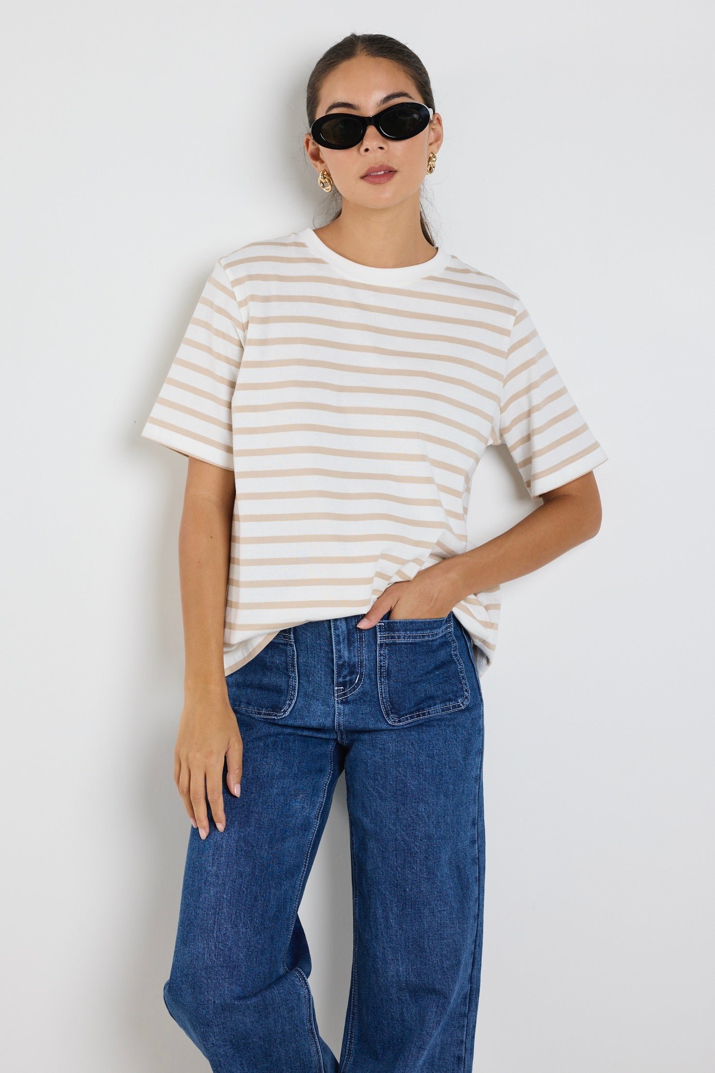 Natural Stripe Boxy Fit Tee - Women's Casual Loose Fit White T-Shirt for Everyday Wear & Street Style Outfits