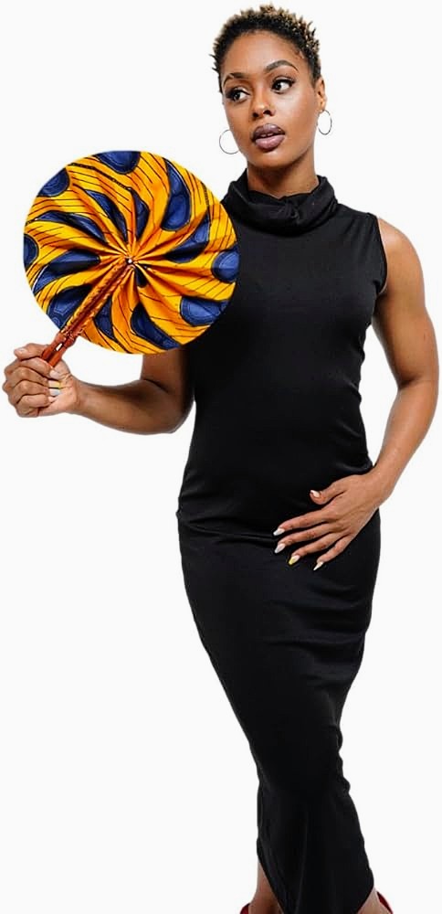 Dupsie's Khanita Foldable African Print Ankara Fan - Orange & Blue Peacock Pattern (DPPF3816) | Handheld Cooling Fan for Outdoor Events, Weddings & Cultural Celebrations