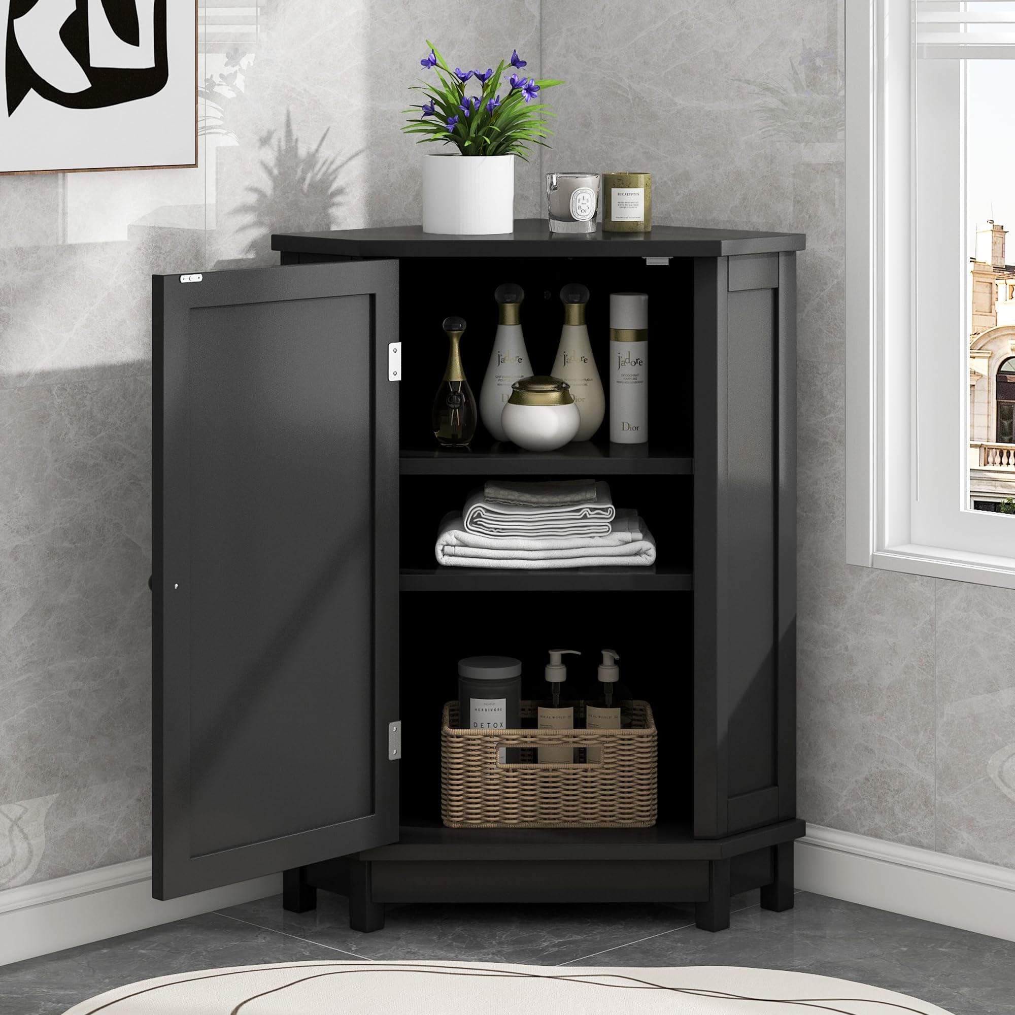 Black Wooden Freestanding Corner Storage Cabinet with Single Door and Shelves - Bathroom, Kitchen, Living Room Organizer for Small Spaces | Home & Office Storage Solution