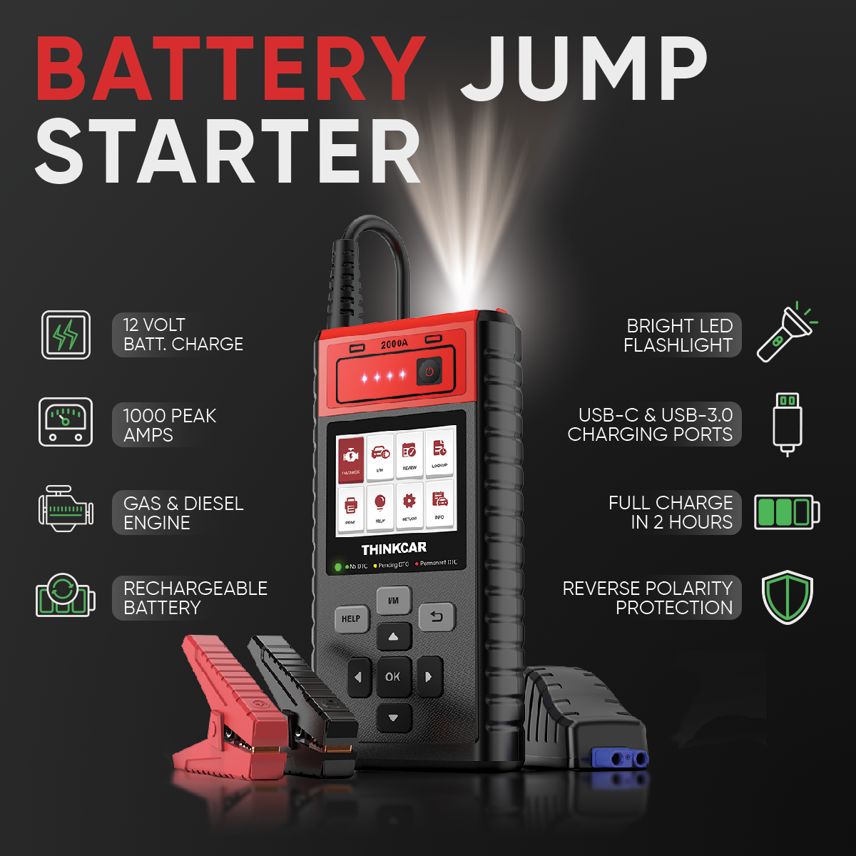 THINKCAR CJS101 12V Portable Car Battery Jump Starter - Emergency Power Bank for Cars, Trucks, SUVs, Motorcycles & Boats - Compact Jump Box for Roadside Assistance & Outdoor Adventures