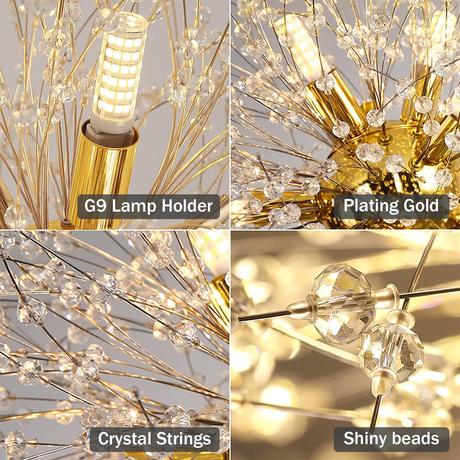 Modern Gold Crystal Chandelier - 9-Light Sputnik Dandelion Pendant Lighting Fixture for Dining Room, Living Room, Bedroom, Kitchen & Restaurant | Elegant Ceiling Light for Home Decor, Wedding Venues and Luxury Spaces