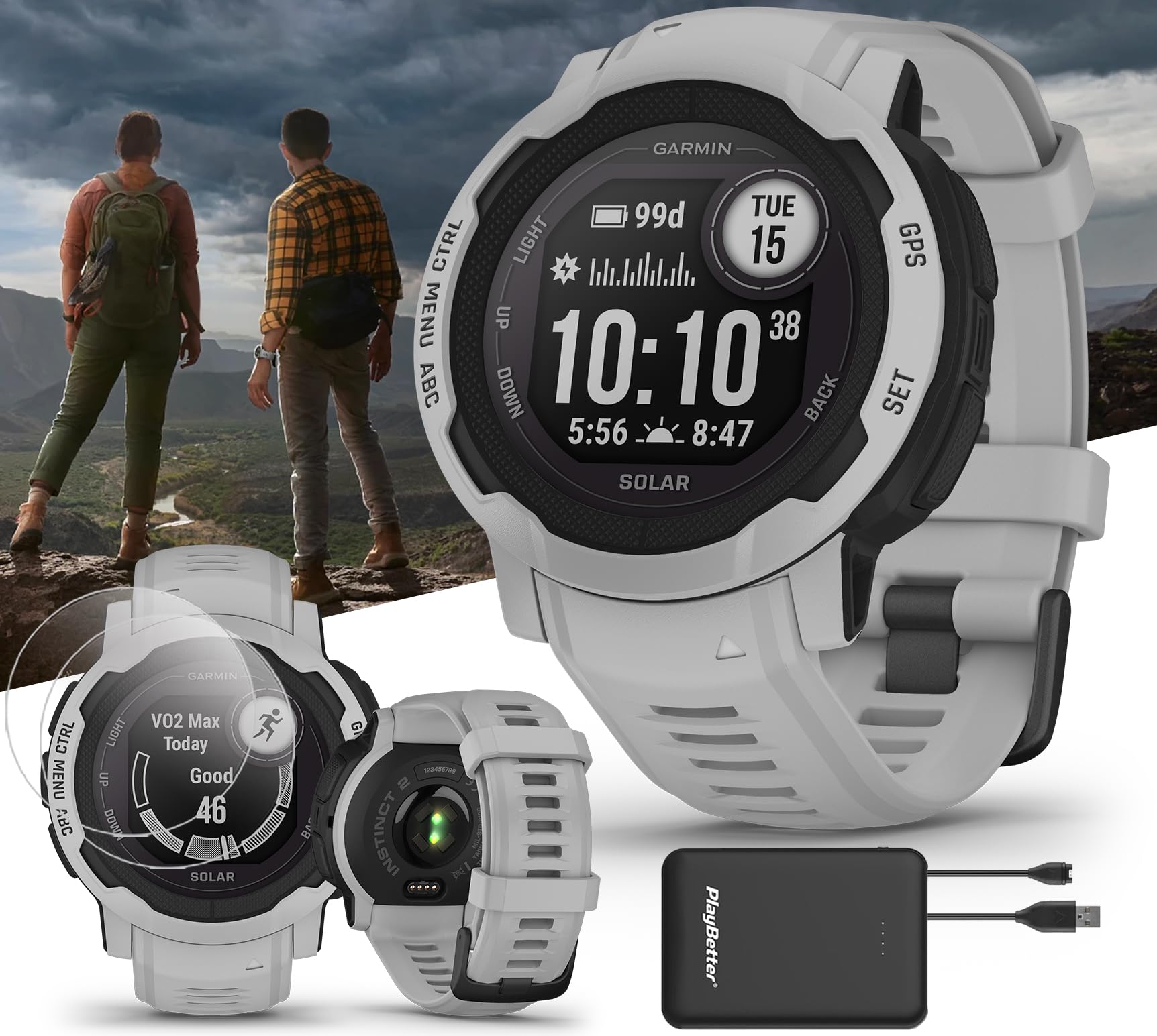 PlayBetter Garmin Instinct 2 Solar (Mist Gray) - Rugged GPS Smartwatch with Multi-GNSS, Heart Rate Monitor, Compass, 45mm Outdoor Watch - Includes Screen Protectors & Portable Charger - Perfect for Hiking, Running, Camping & Adventure Sports