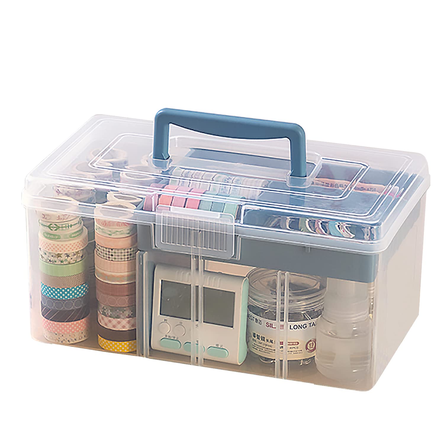 Clear Plastic Storage Organizer Box with Removable Tray & Partition - Large Arts & Crafts Supplies Container for Office, Home & School - Desktop Stationery & Medicine Organizer (Clear & Ocean Blue) | Perfect for Craft Rooms, Office Desks & Home Organization