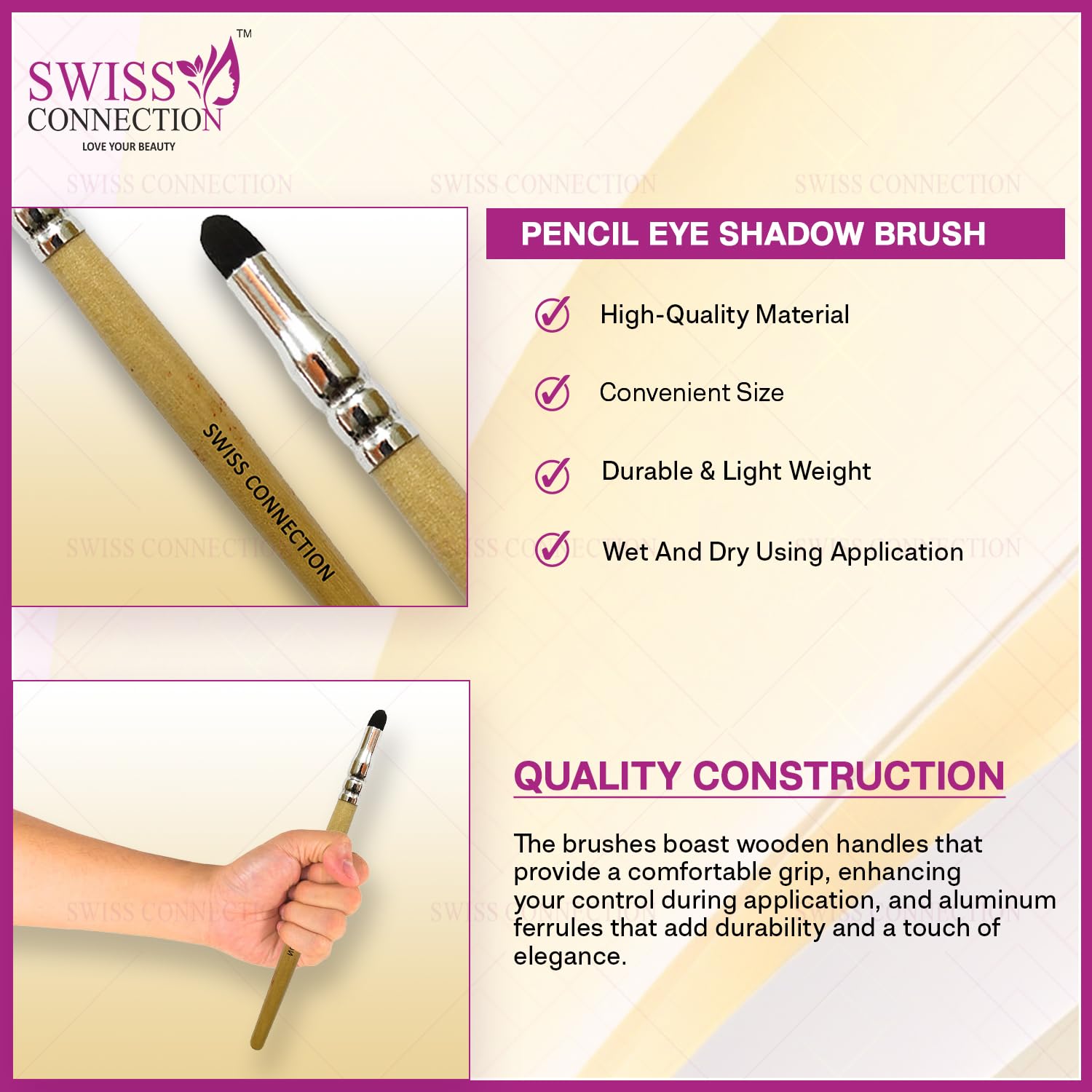 Swiss Connection Vegan Eyeshadow Blending Brush Set - Super Soft Firm Pencil Brush for Powder & Cream Eyeshadow, Wooden Handle & Aluminium Ferrule (Pack of 4) | Perfect for Smokey Eye & Natural Makeup Looks