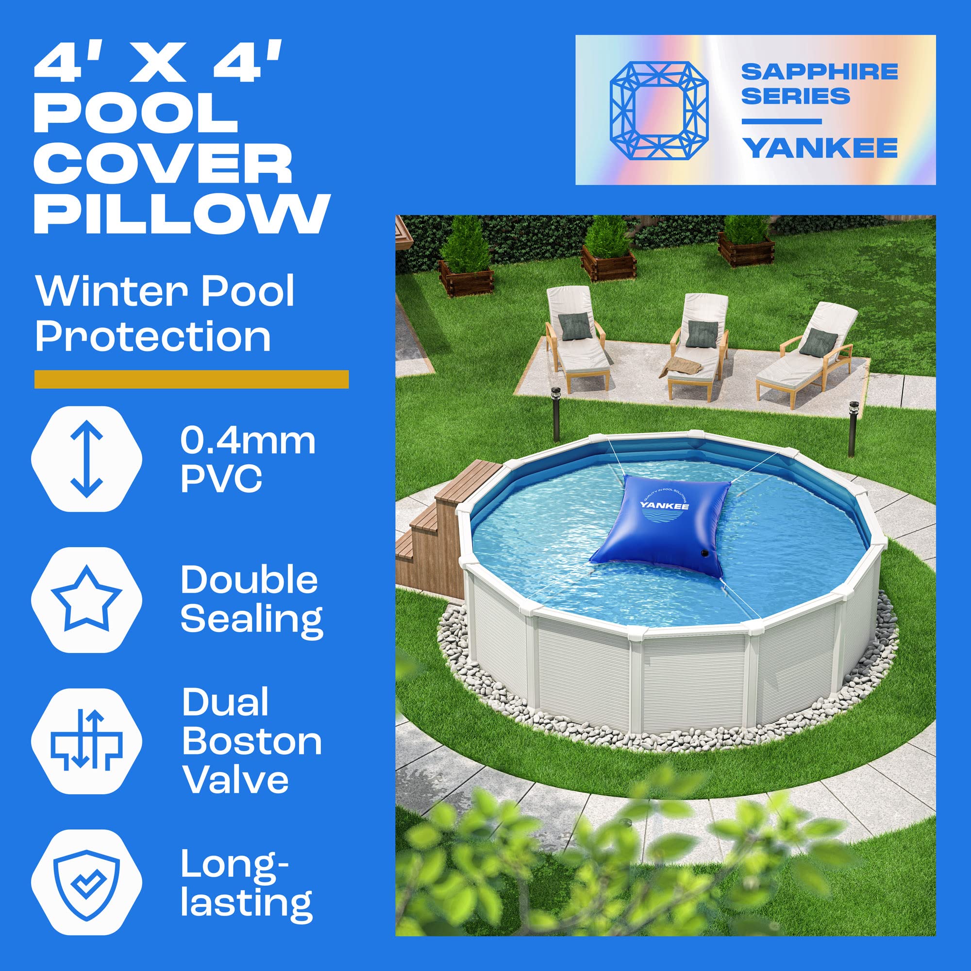 Yankee 4x4 ft Winter Pool Pillow for Above Ground Pools - Heavy Duty 0.4mm PVC (27 Gauge) - Extra Durable Pool Closing Pillow for Winter Protection - Perfect for Above Ground Pool Winterization and Cold Weather Storage