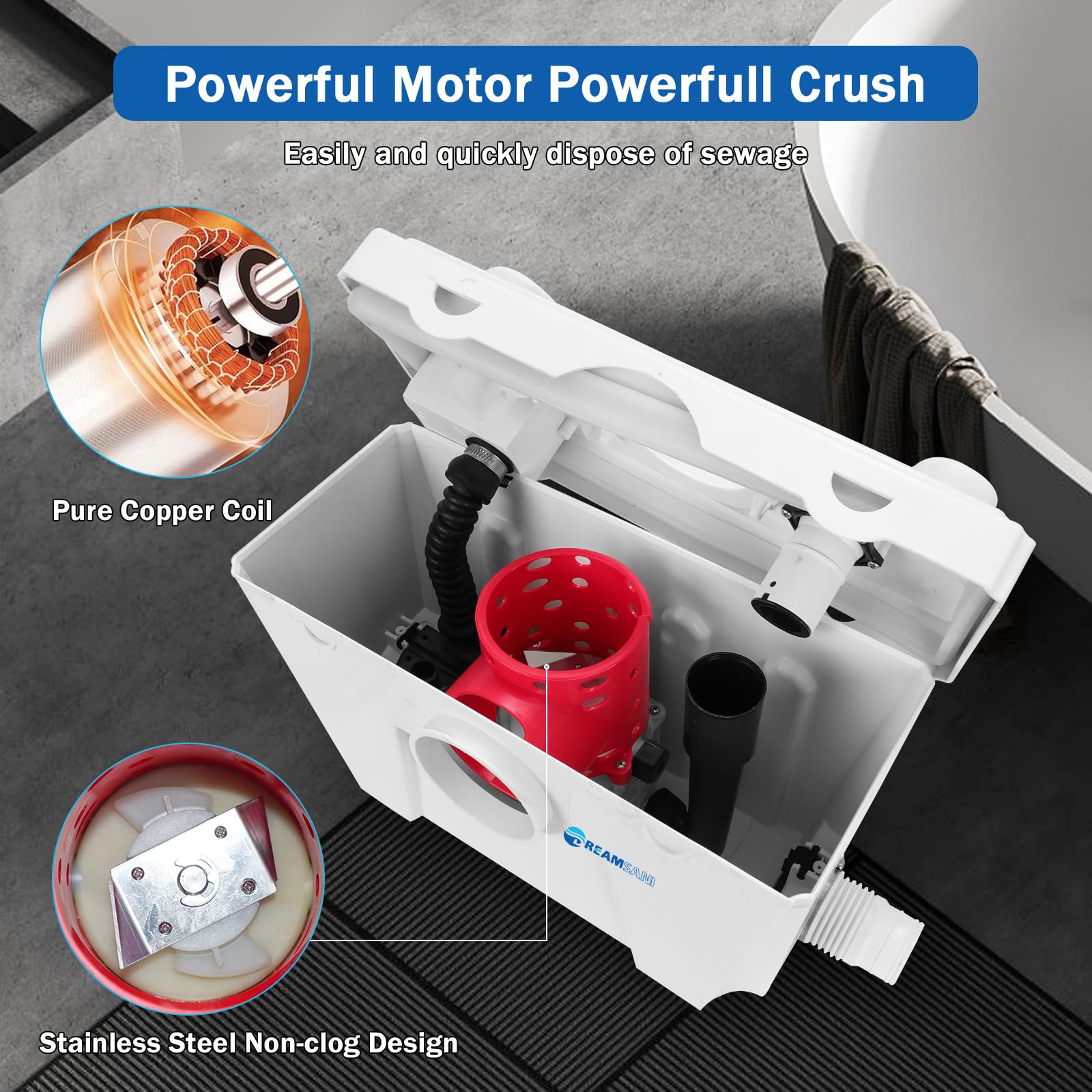 500W Macerator Pump for Basement with 4 Water Connections - Macerating Toilet, Kitchen Sink & Laundry Waste Disposal - Ideal for Small Bathrooms, RV & Off-Grid Living