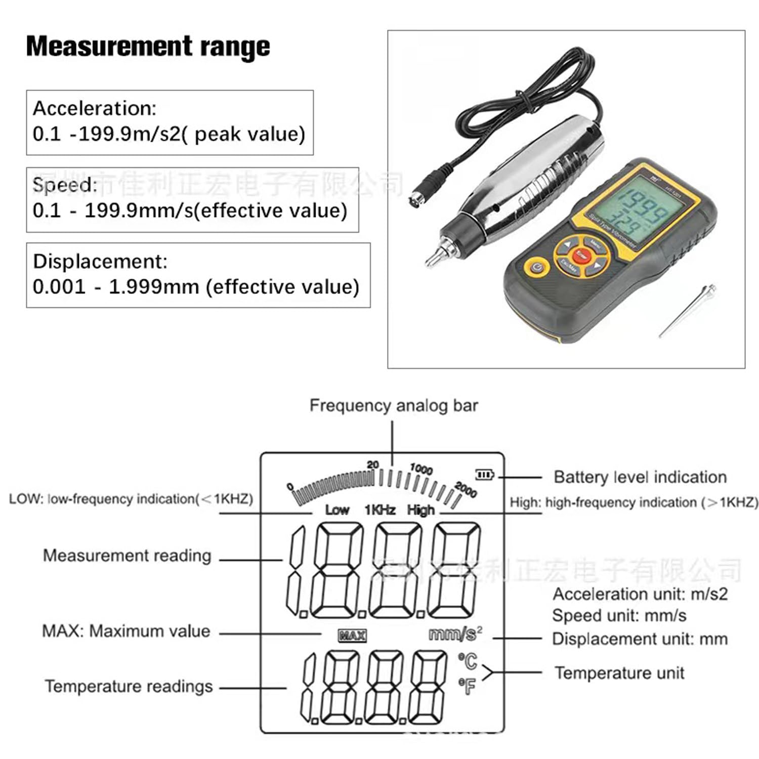 Digital Vibration Meter Analyzer - Professional Vibrometer with Split Probe for Measuring Acceleration, Velocity & Displacement | Mechanical Vibration Tester Sensor | Perfect for Industrial Equipment Maintenance, HVAC Systems & Machine Diagnostics