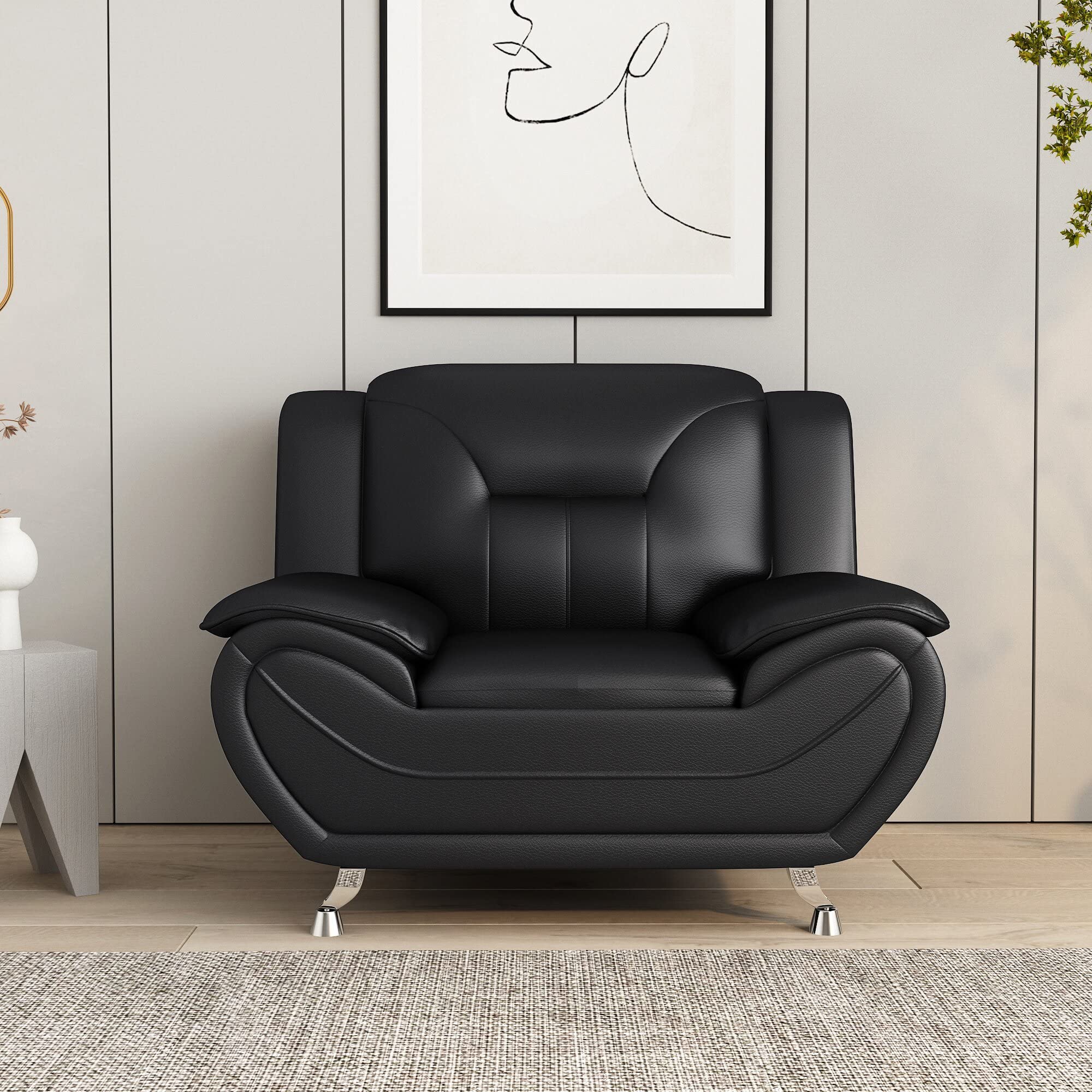 Michael Modern Faux Leather Upholstered Stainless Steel Legs Accent Chair - Midnight Black - Stylish Living Room Seating for Home Office & Lounge
