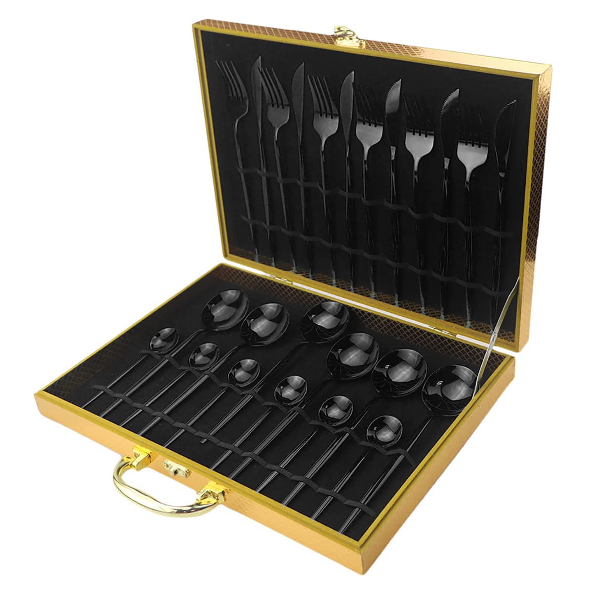 24-Piece Stainless Steel Silverware Set - Knife, Fork & Spoon Flatware Set with Gift Box - Elegant Black Dishwasher Safe Cutlery for Dinner Parties, Weddings & Everyday Dining