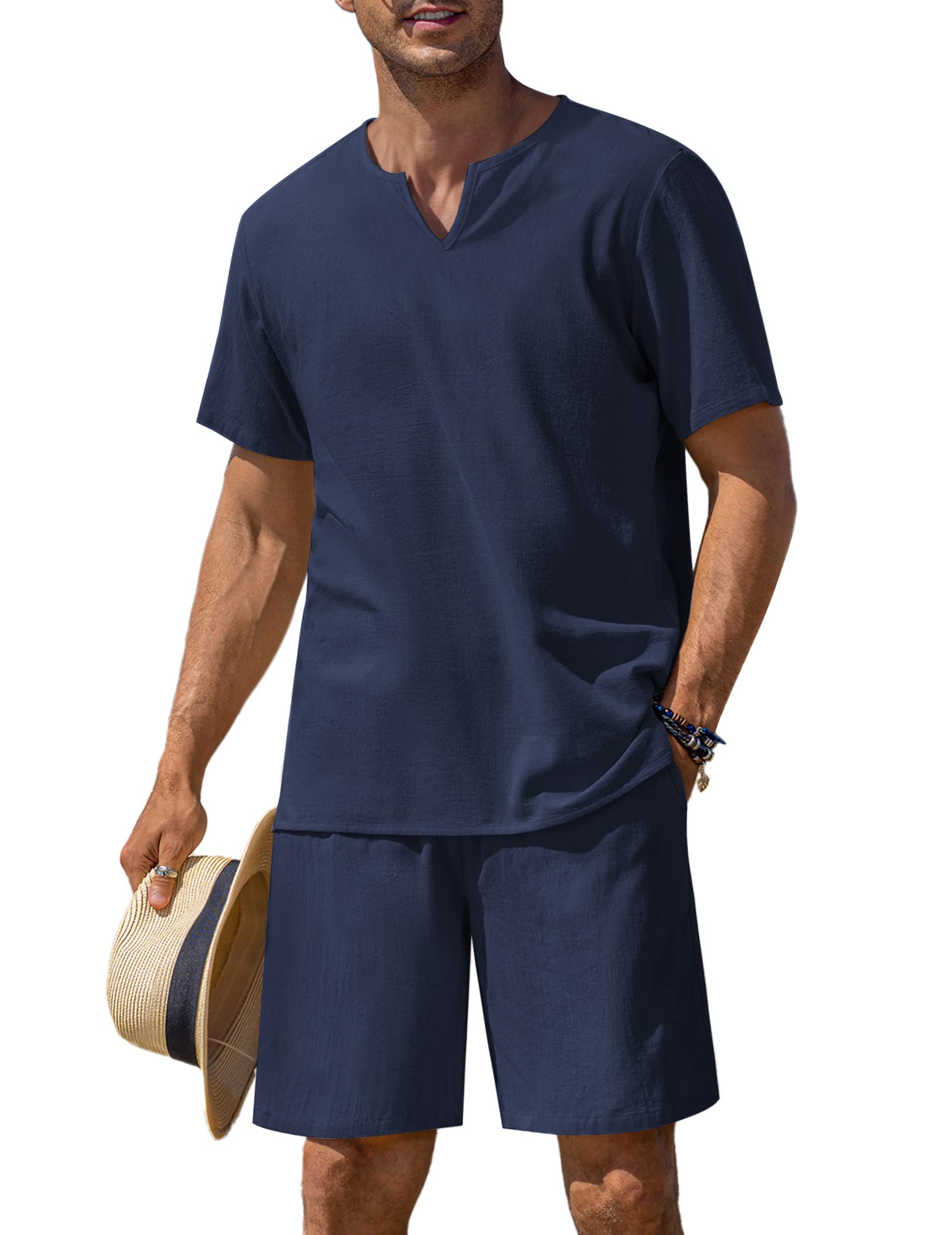 COOFANDY Men's Matching Shirt and Shorts Set - Summer Cotton Linen Lounge Suit | 2-Piece Lightweight Beach Outfit in Navy Blue | Perfect for Casual Wear, Vacation & Outdoor Activities