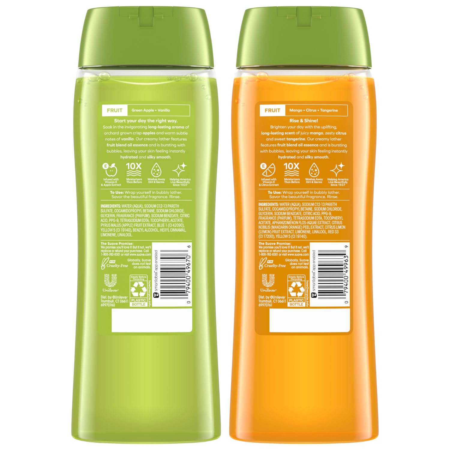 Suave Body Wash Variety 2-Pack, Juicy Green Apple & Mango Citrus - Moisturizing Gentle Body Wash with Natural Fruit Oil Essence, 18 Oz Each - Refreshing Shower Gel for Daily Hydration & Soft Skin
