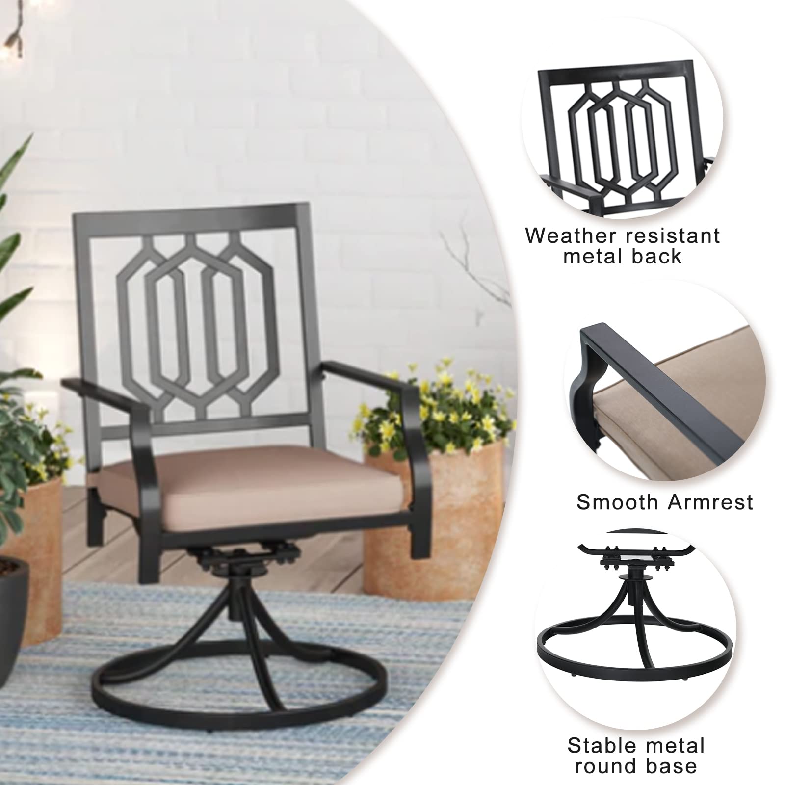 PHI VILLA 4-Piece Outdoor Metal Swivel Rocking Chair Set with Cushions - Patio Dining & Garden Furniture for Backyard, Bistro, Poolside - Black (Weather-Resistant & Comfortable)