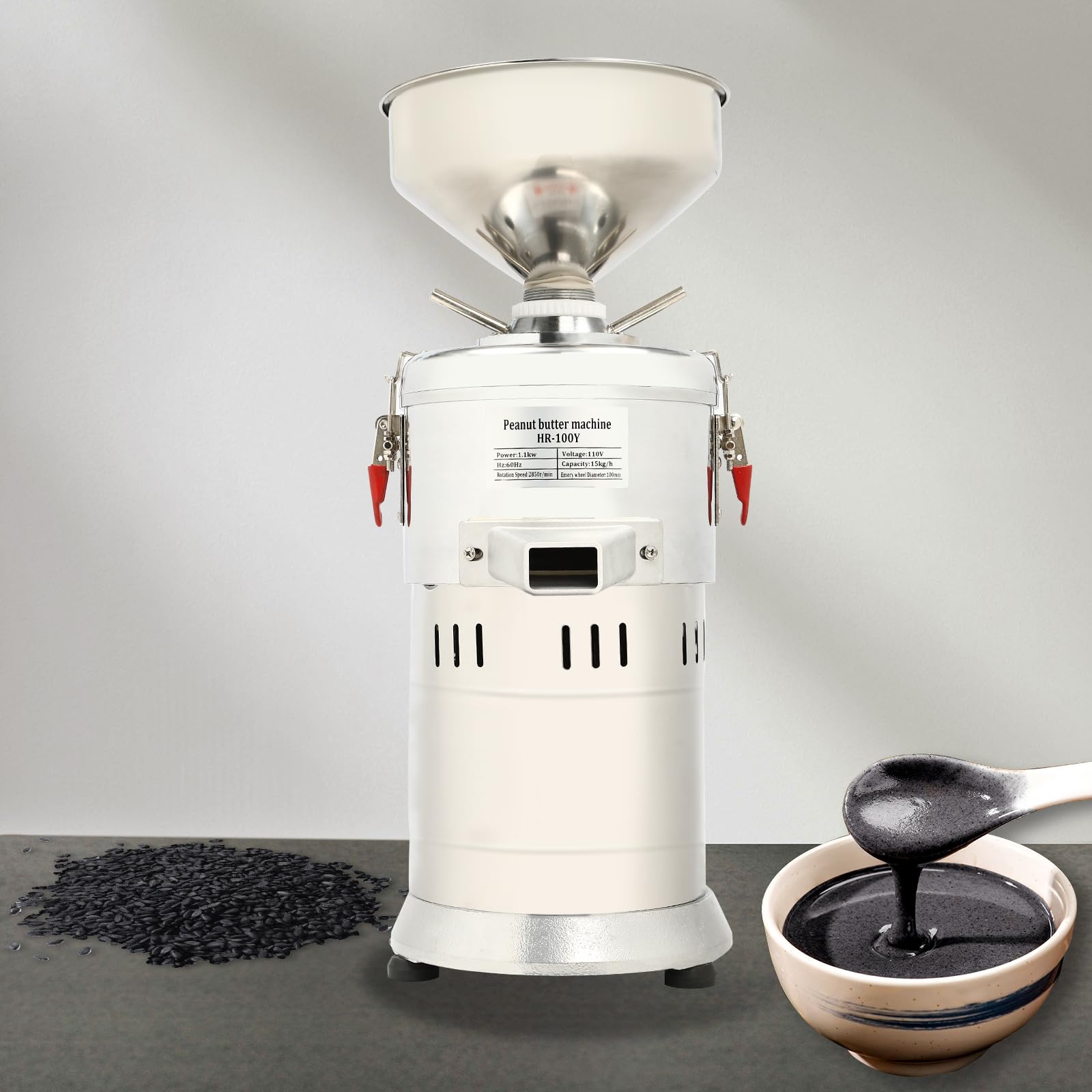 1100W Electric Peanut Butter Maker Machine - Commercial Nut Grinder for Almonds, Sesame, Rice (33Lb/H Capacity) - Perfect for Home Kitchens, Bakeries & Healthy Snack Preparation - Silver