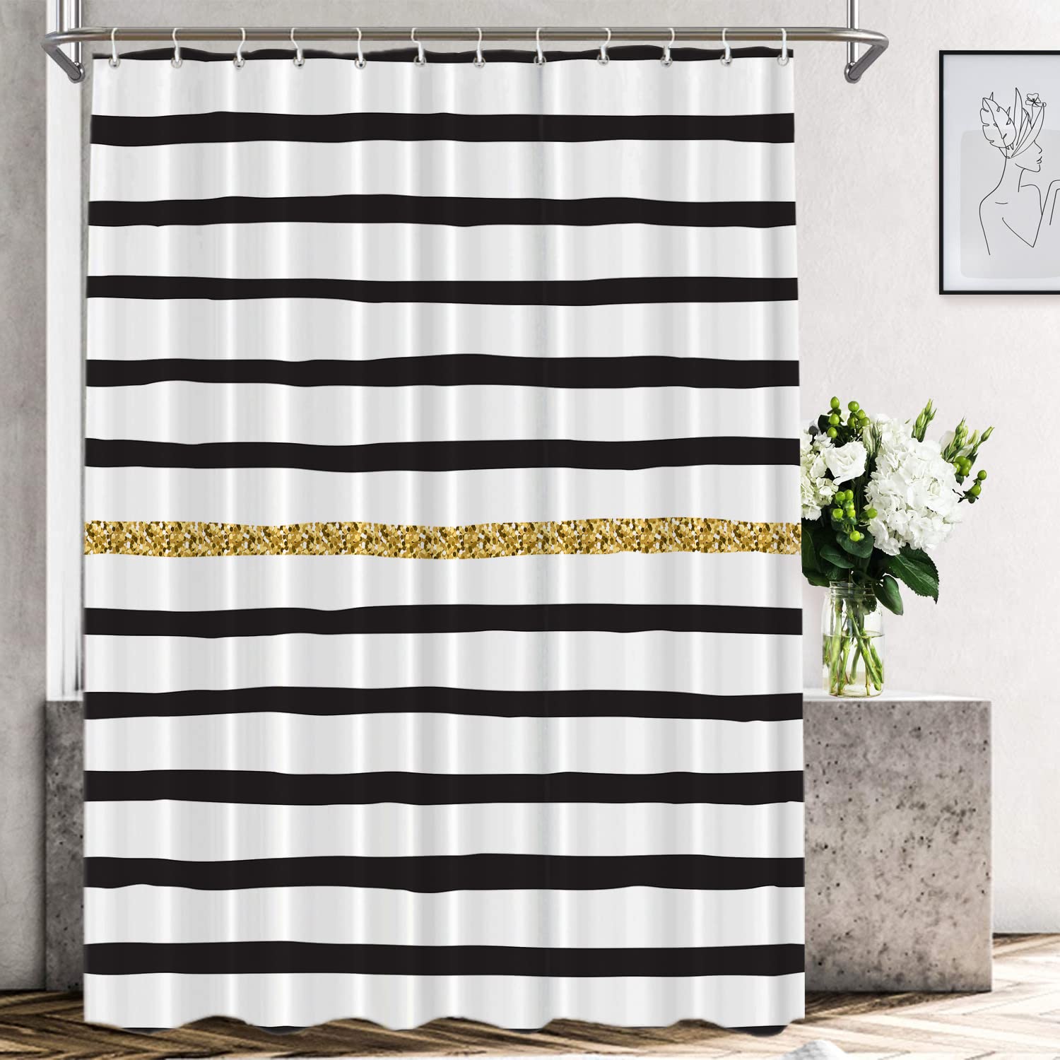 Shrahala Black White Gold Geometric Abstract Shower Curtain - Waterproof Bathroom Decor with Grommets 72x72 Inch - Perfect for Modern, Boho & Luxury Bathroom Styles