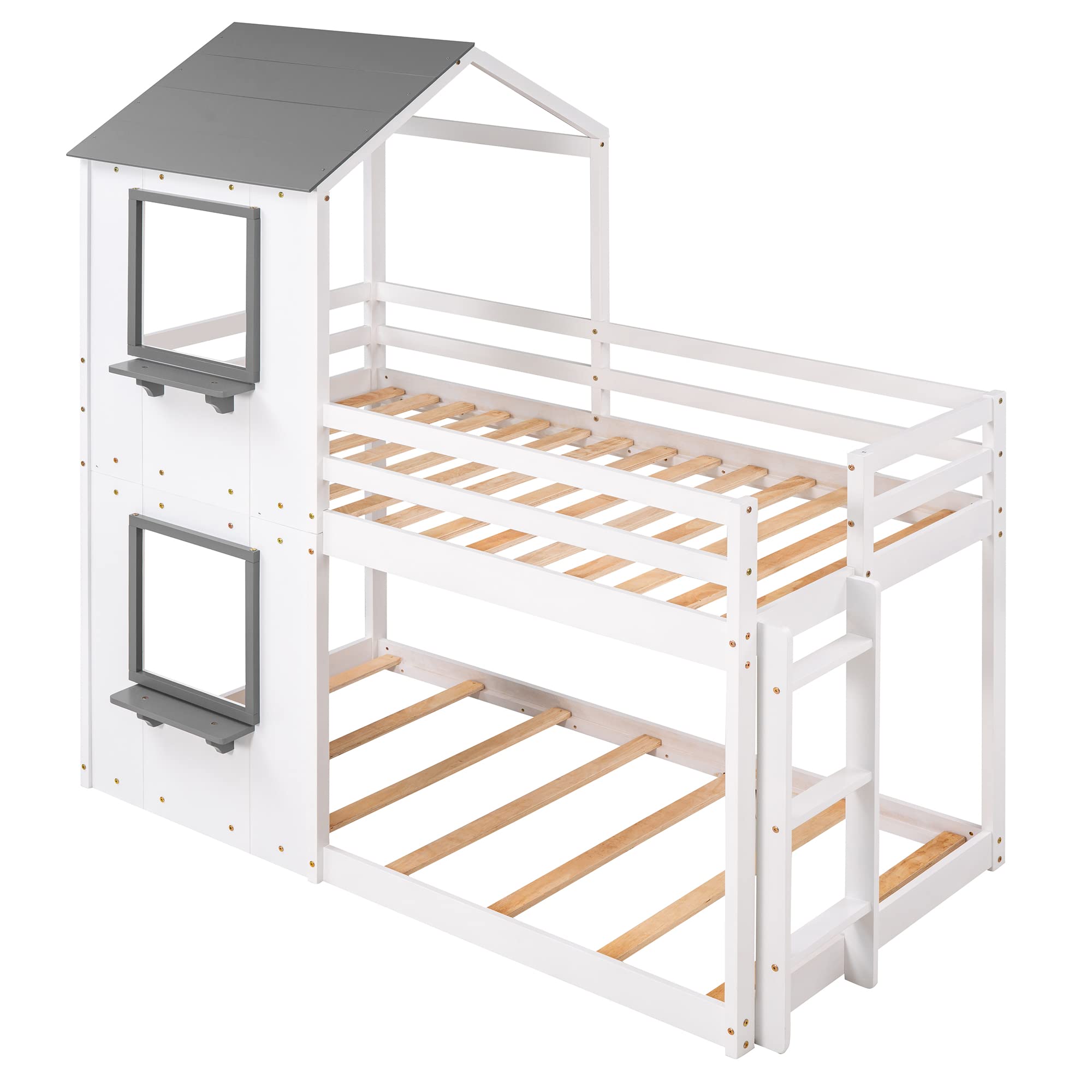 Kids Twin Over Twin Wooden Bunk Bed with Roof, Window & Guardrail - Sturdy Floor Bunk Bed Frame with Ladder, No Box Spring Needed (White & Gray) - Perfect for Small Bedrooms, Shared Kids Rooms & Space-Saving Sleep Solutions