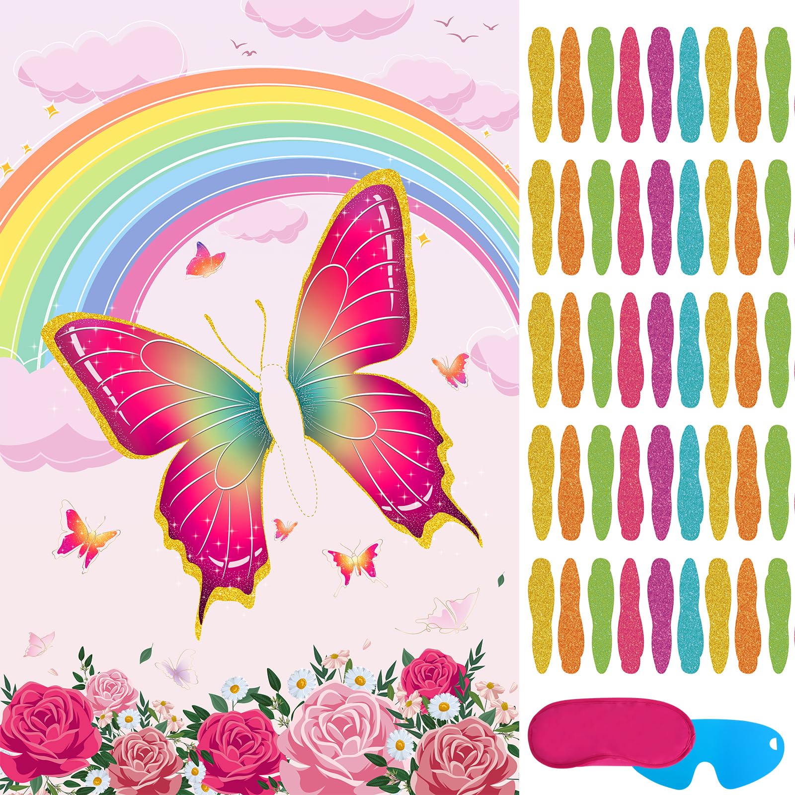 Pin The Tail on The Butterfly Party Game for Girls - Pink Butterfly Birthday Party Supplies & Decorations with 36 Stickers - Fun Kids Birthday Party Games, Baby Shower & Classroom Activities