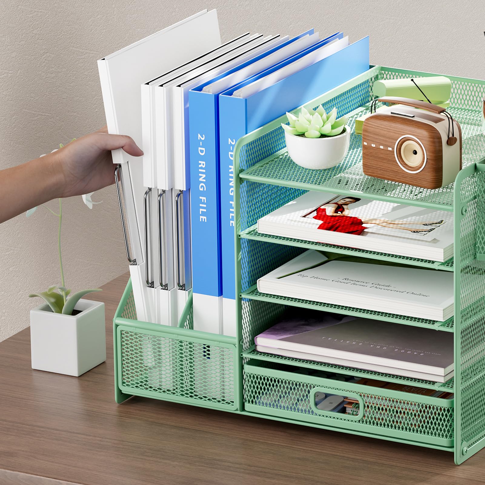 5-Tier Mesh Desk Organizer with File Holder, Drawer & 2 Pen Holders - Green Office Storage for Paper, Magazines & Supplies - Perfect for Home Office, School & Workspace Organization
