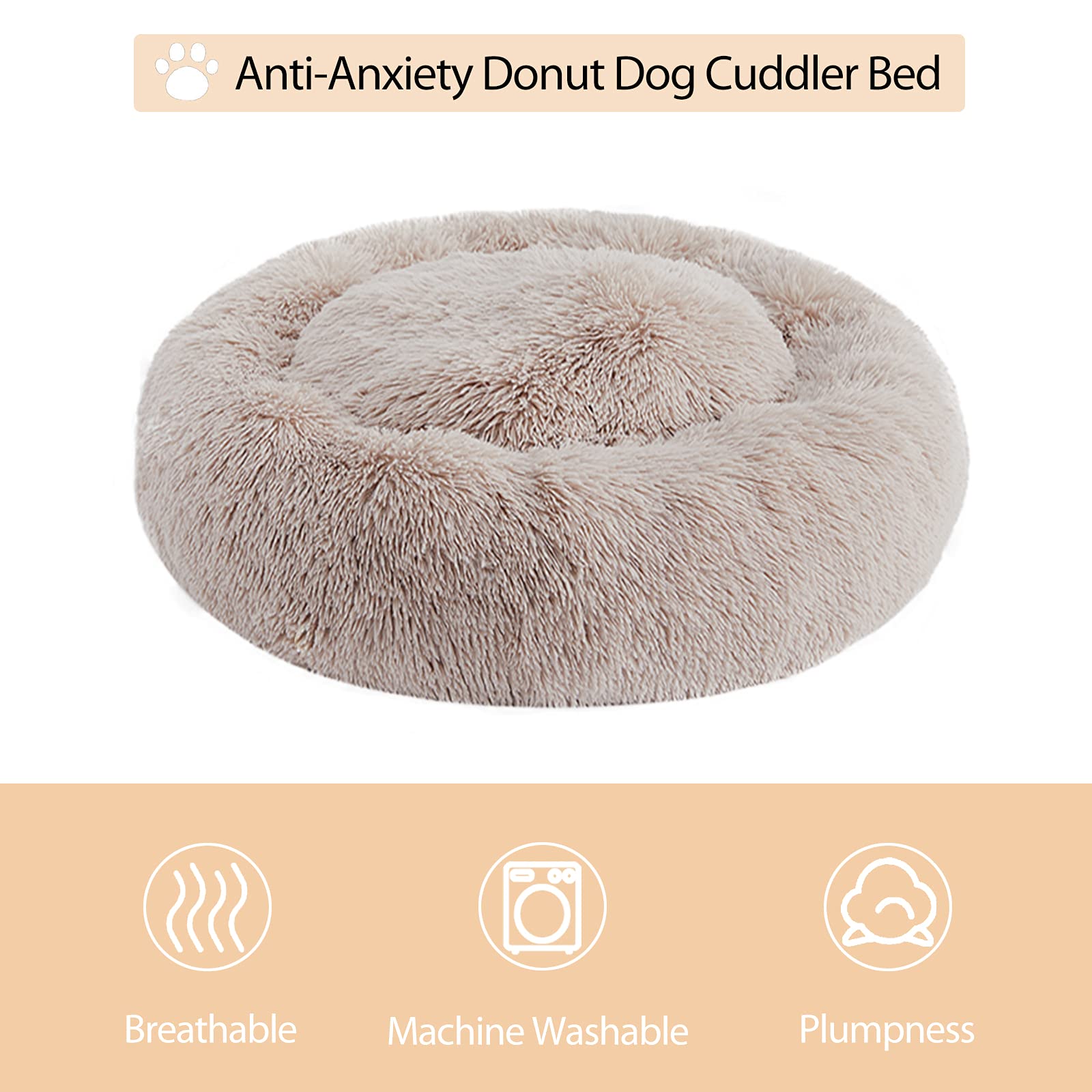 WNPETHOME Self-Warming Donut Pet Bed for Dogs & Cats - 30 x 30 x 10 Inch Plush Round Faux Fur Cuddler Bed, Calming Comfort for Anxious Pets (Brown) - Perfect for Crate Training, Lounging & Stress Relief