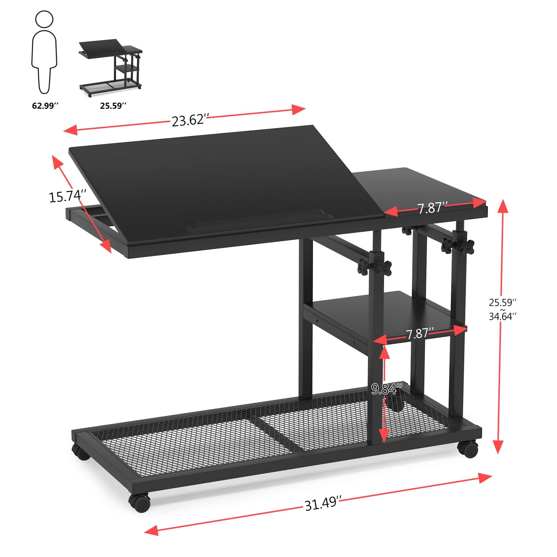 Tribesigns Adjustable Height C-Shaped Table with Wheels - Mobile Sofa Side Table, Tiltable Drawing Board, Bedside Laptop Stand & TV Tray with Storage Shelves - Perfect for Living Room, Bedroom, Office (Black)