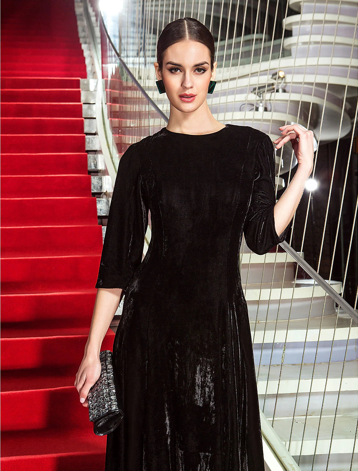 Elegant A-Line Velvet Dress with Pleats - 3/4 Sleeve Jewel Neck Floor Length Gown for Wedding Guest, Party, Cocktail & Formal Occasions
