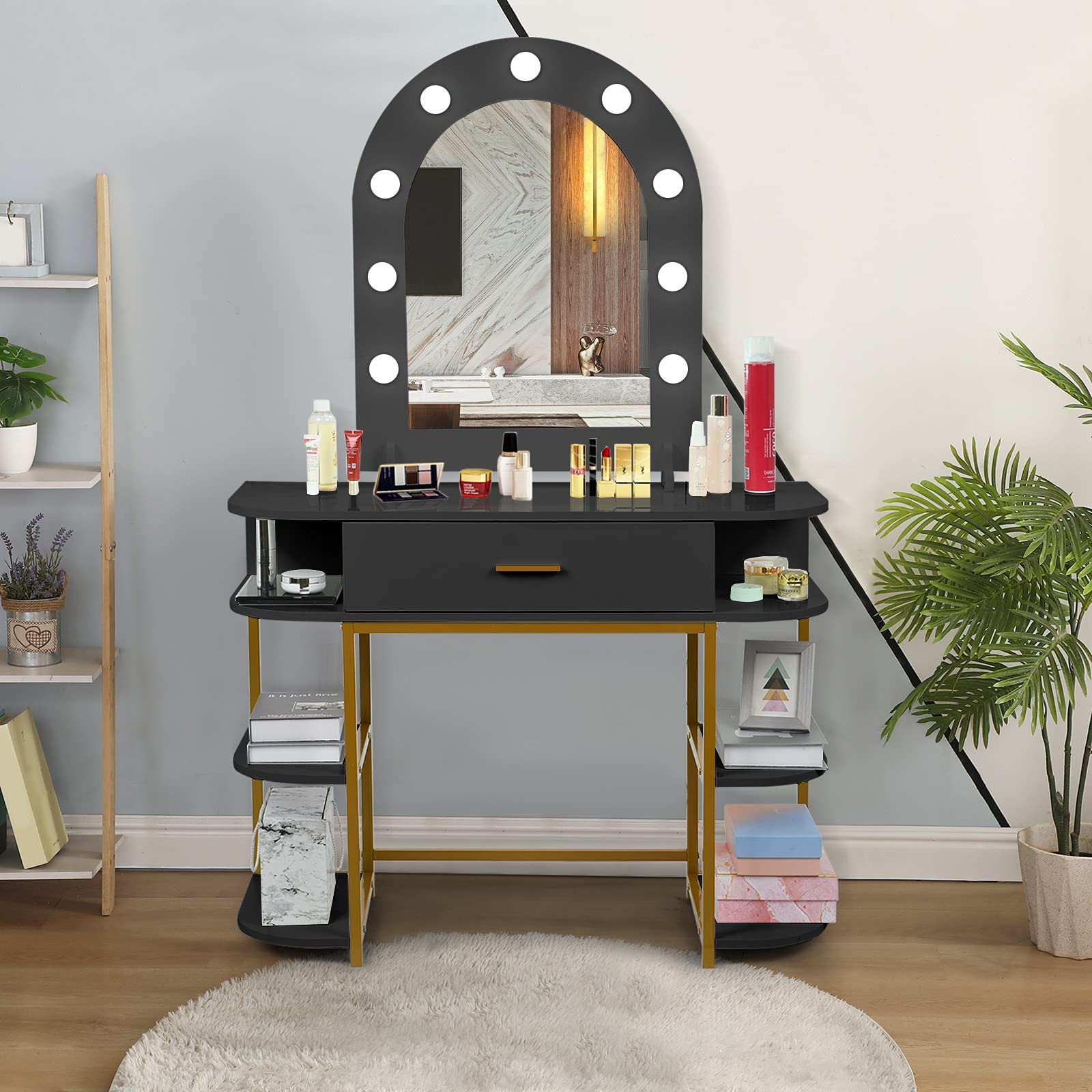 AT-X Large Vanity Table Set with 9 LED Lights Mirror & 6 Storage Shelves - Wooden Makeup Dressing Desk with Wide Tabletop for Women & Girls (Black) | Perfect for Bedroom, Dorm Room, and Home Beauty Station