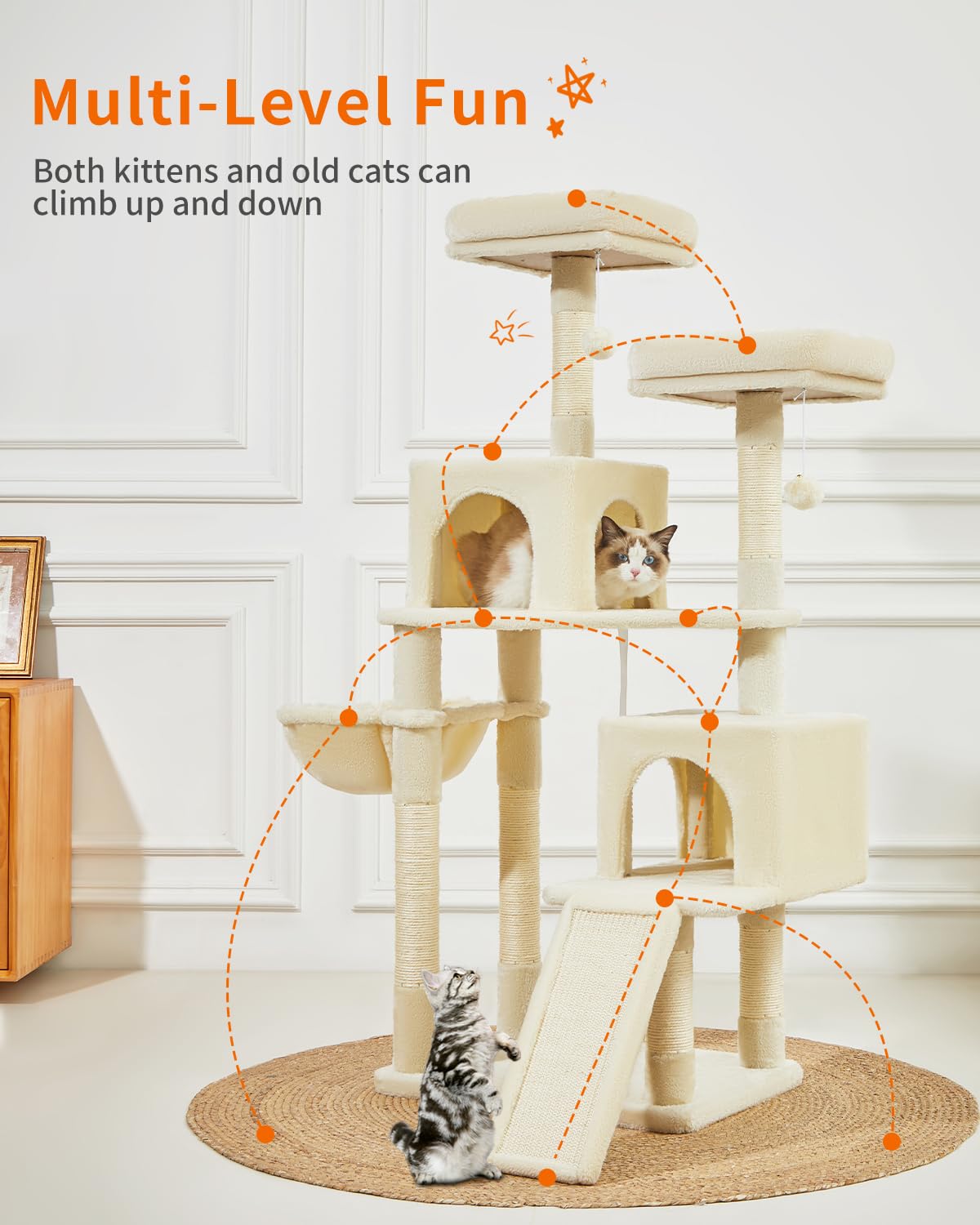 56.3-Inch Cat Tree with Scratching Posts & Hammocks - Multi-Level Cat Tower for Indoor Cats Featuring Toys, Condo & Large Scratch Board - Beige MS012M - Perfect for Small Spaces & Playful Kittens