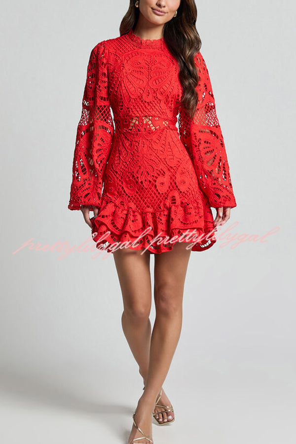 Elegant Solid Color Hollow Long Sleeve Waisted Lace Mini Dress for Women - Perfect for Parties, Dates & Special Occasions