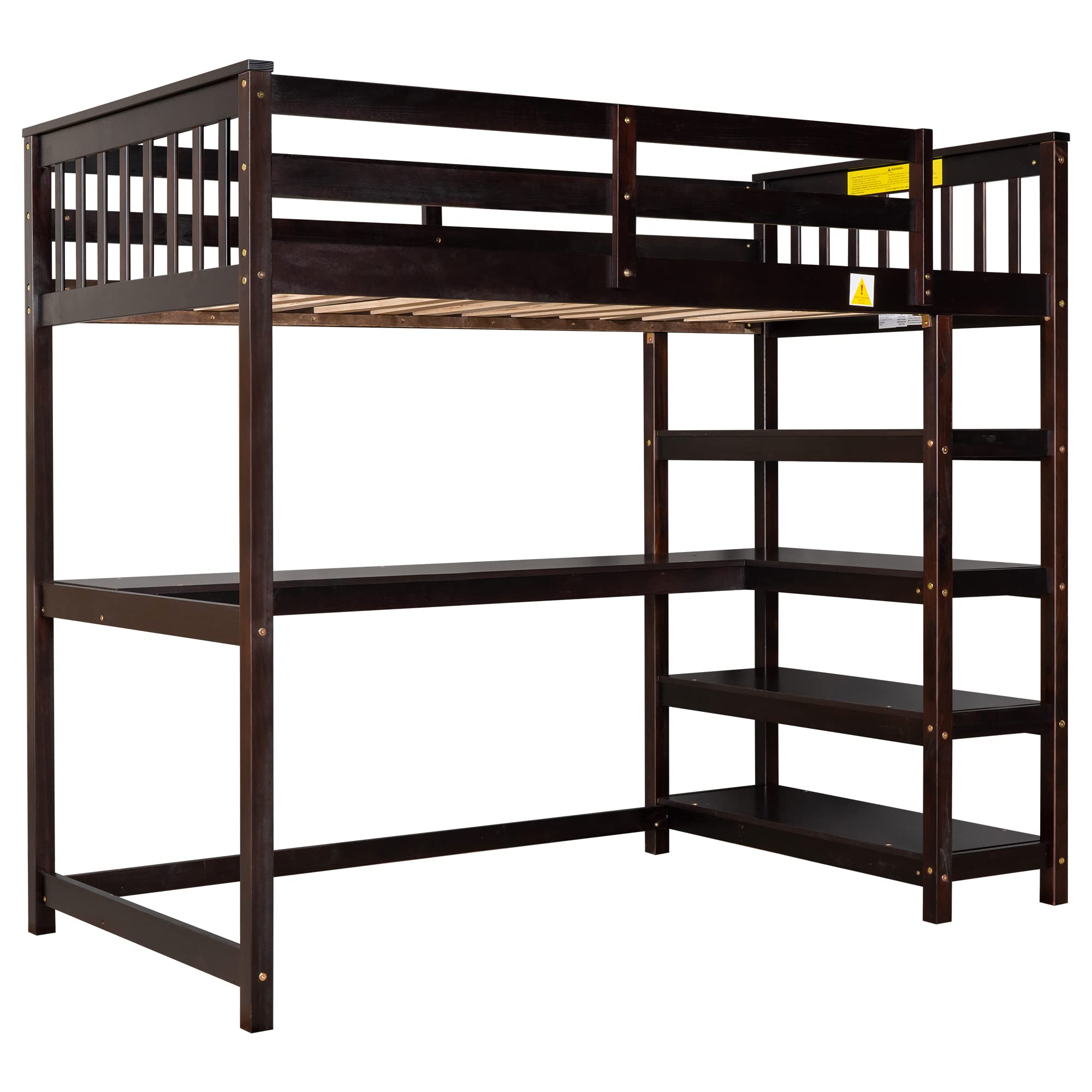 Merax Twin Size Wood Loft Bed with Desk & Shelves - Space-Saving Study Bed with Storage & Built-in Workstation, Espresso Finish - Perfect for Small Bedrooms, Dorm Rooms & Home Offices