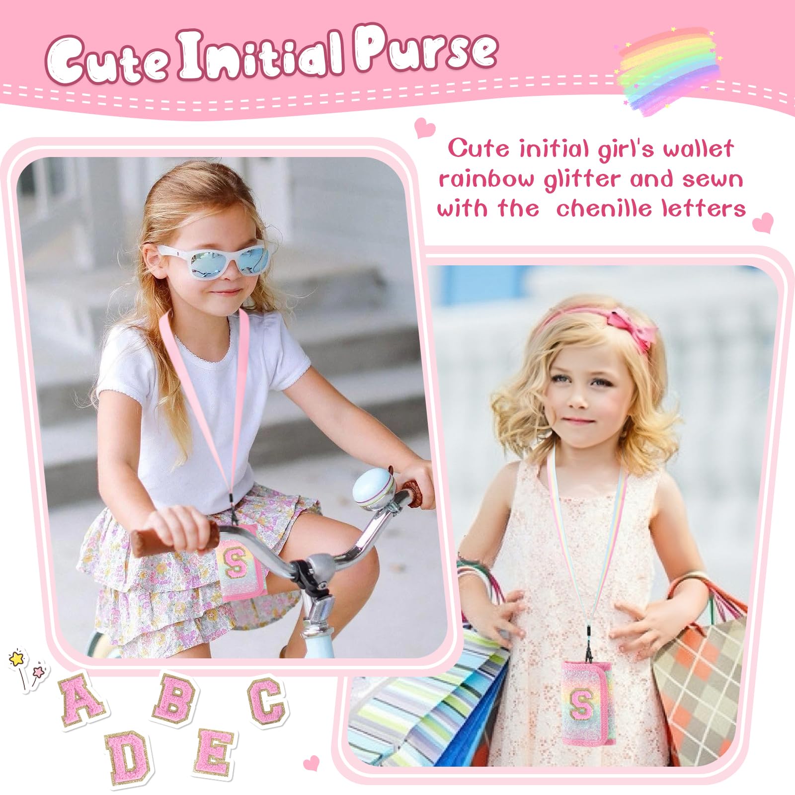 Personalized Initial Trifold Wallet for Girls Ages 2-10 - Cute Rainbow Glitter Coin Purse with Magic Sticker | Small Letter Wallet for Kids & Teens | Perfect Gift for Birthdays, School & Everyday Use (Pink)