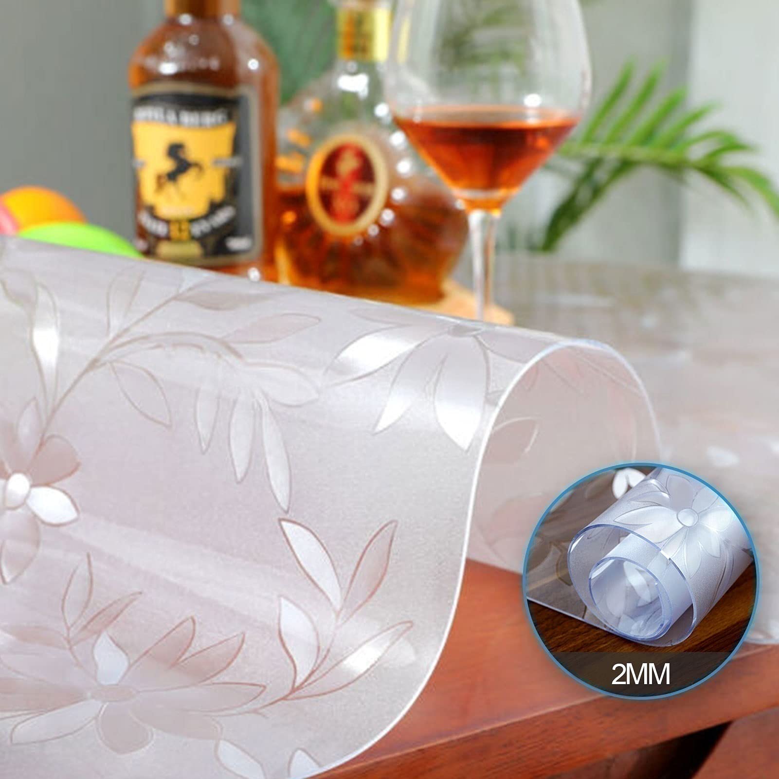 Round Transparent PVC Tablecloth - Waterproof Oil-Resistant Plastic Table Cover with Cosmos Flower Design, 2.0mm Thick Crystal Clear Table Mat for Dining, Kitchen, Living Room & Outdoor Use