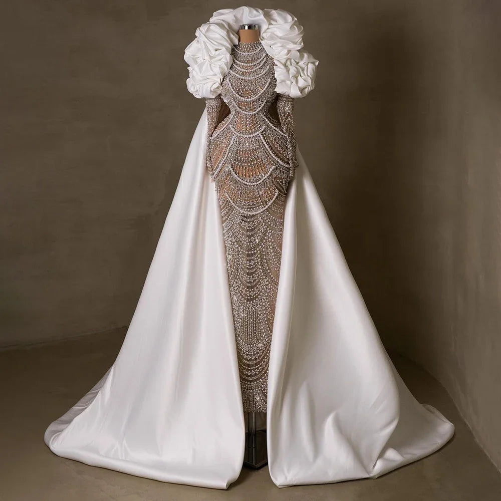 Luxury Dubai Arabian White Pearl Beaded Mermaid Evening Gown - Elegant Formal Dress for Weddings, Galas & Special Occasions
