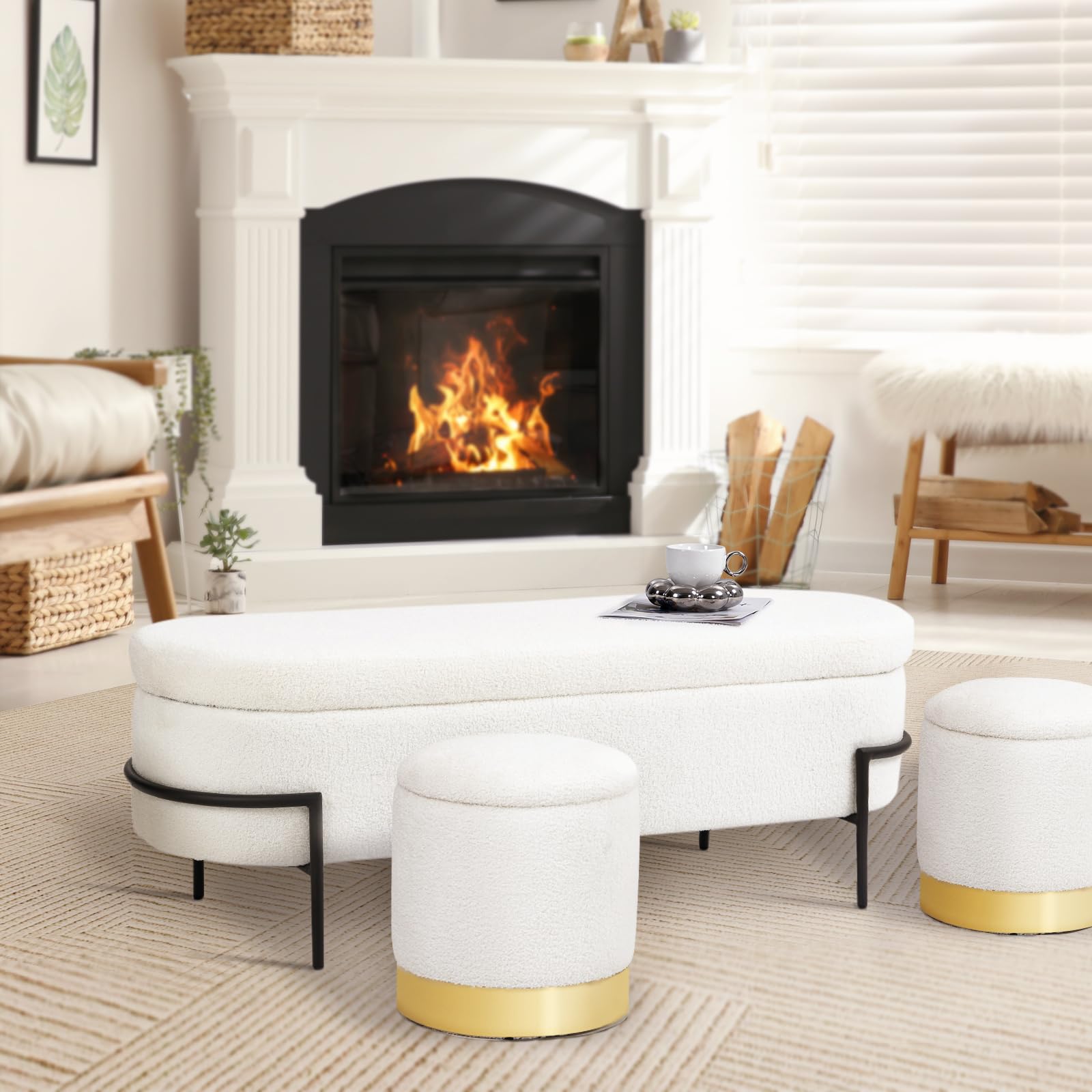 White Storage Bench Ottoman with Sherpa Upholstery - 45