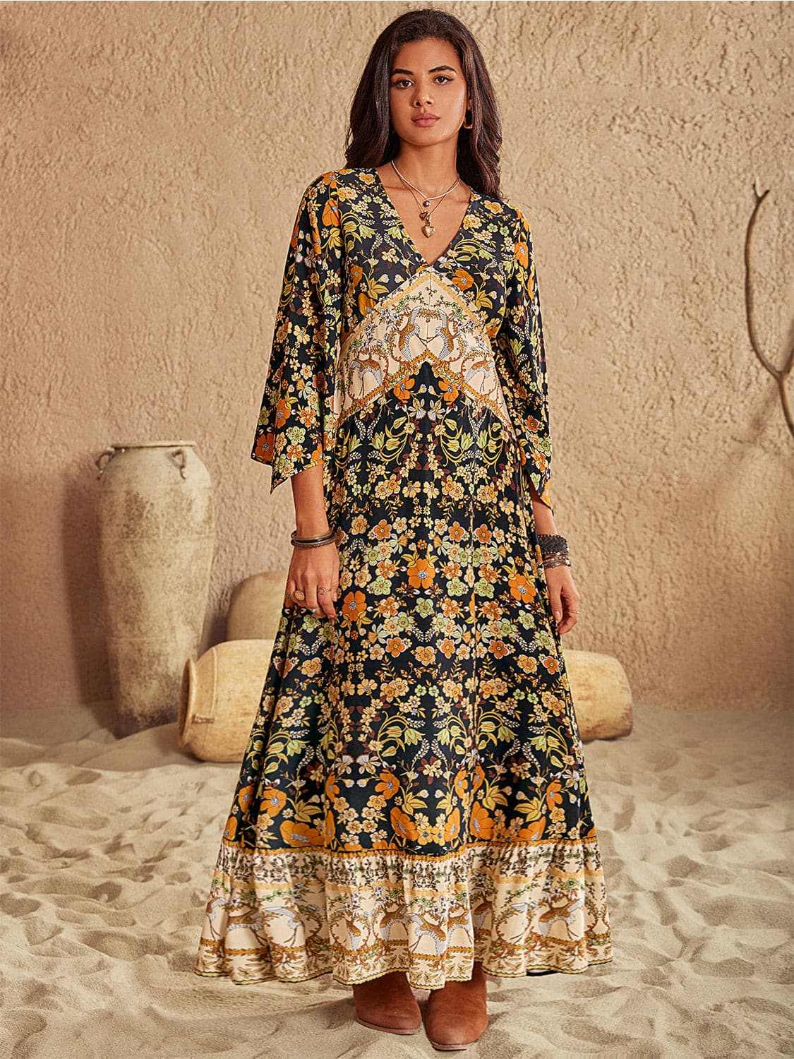 Elegant Floral V-Neck Midi Dress for Women - Summer Casual & Party Wear - Perfect for Weddings, Dates, and Office Outfits