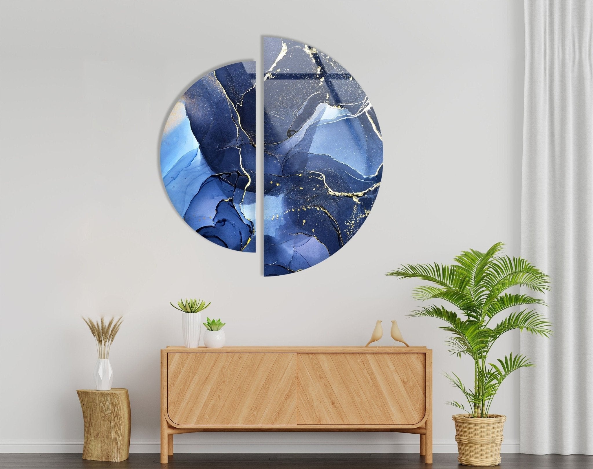 2 Piece Circular Dark Blue Marble Glass Wall Art Set - Modern Home Decor for Living Room, Bedroom, Office - Elegant Handmade Glass Mosaic Wall Hangings for Interior Design