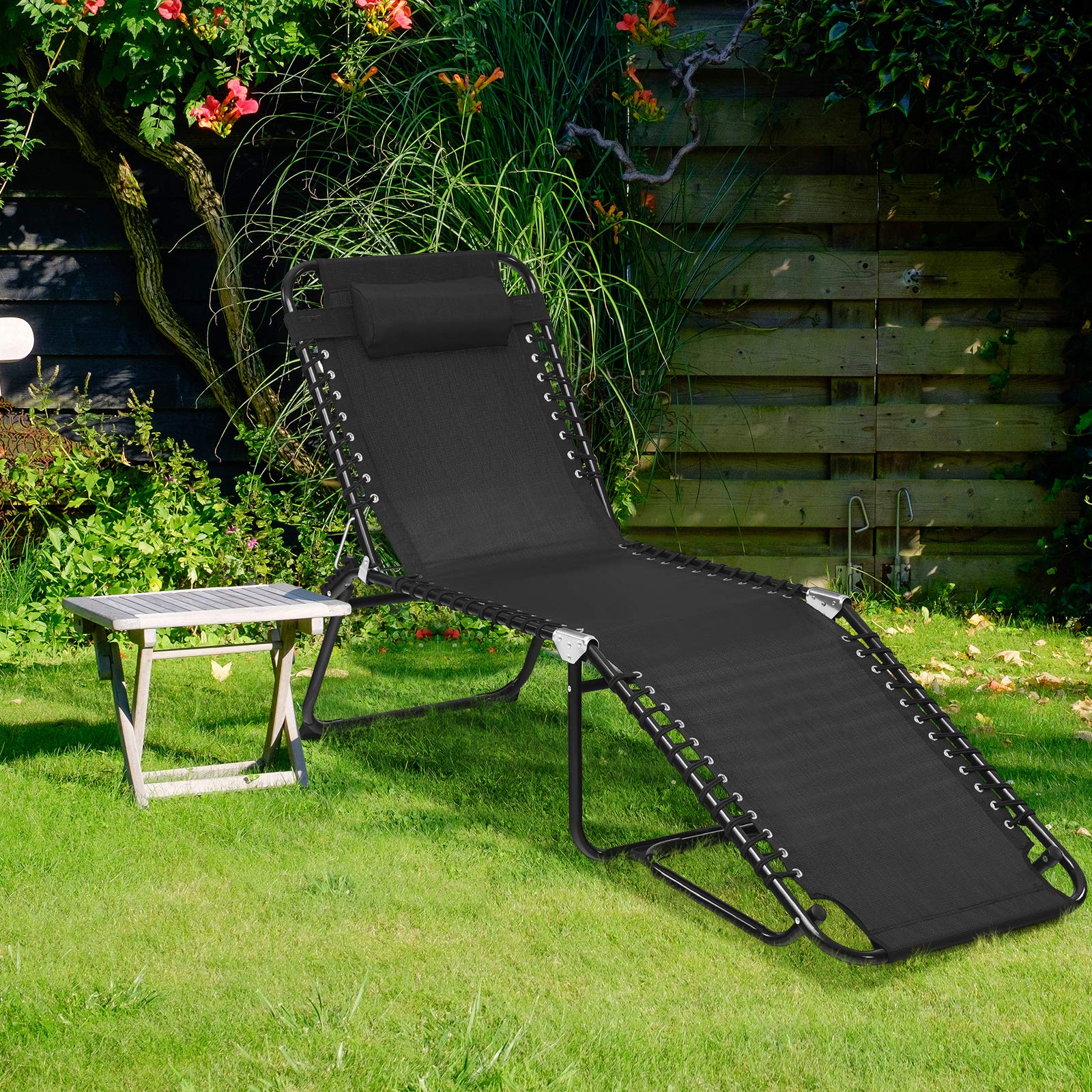 GYMAX Folding Tanning Chair with Adjustable Backrest & Removable Pillow - Extra High Lounge Chair for Sunbathing, Detachable Side Pocket, Indoor Outdoor Beach Chaise Lounger (Black) - Perfect for Poolside Relaxation, Backyard Sunbathing & Beach Vacations