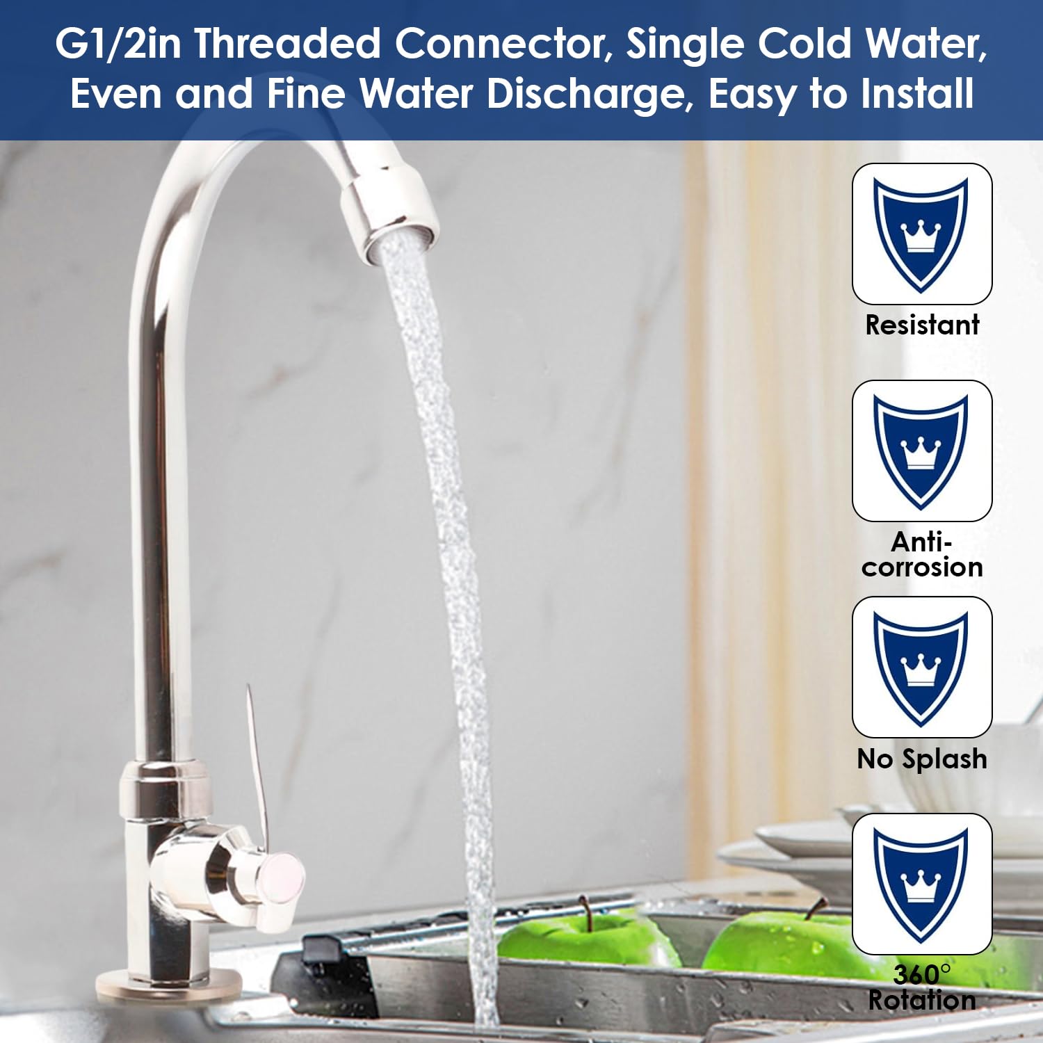 **G1/2 Single Cold Water Kitchen Faucet - High Arc Zinc Alloy Vertical Tap for Indoor & Outdoor Use - Perfect for Kitchen Sink, Garden, RV, and Camping**