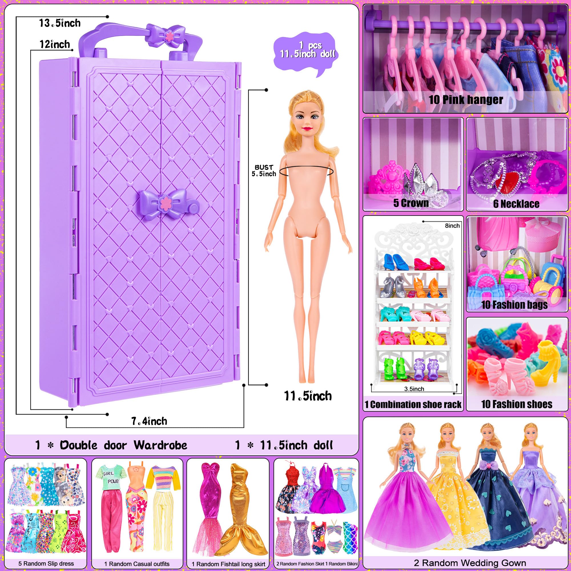 101 Pcs Doll Clothes & Accessories Set - Purple Doll Wardrobe Closet Playset for 11.5 Inch Girl Dolls with Dress, Shoes, Hangers & Shoe Rack | Perfect for Pretend Play, Birthday Gifts & Role-Playing Games