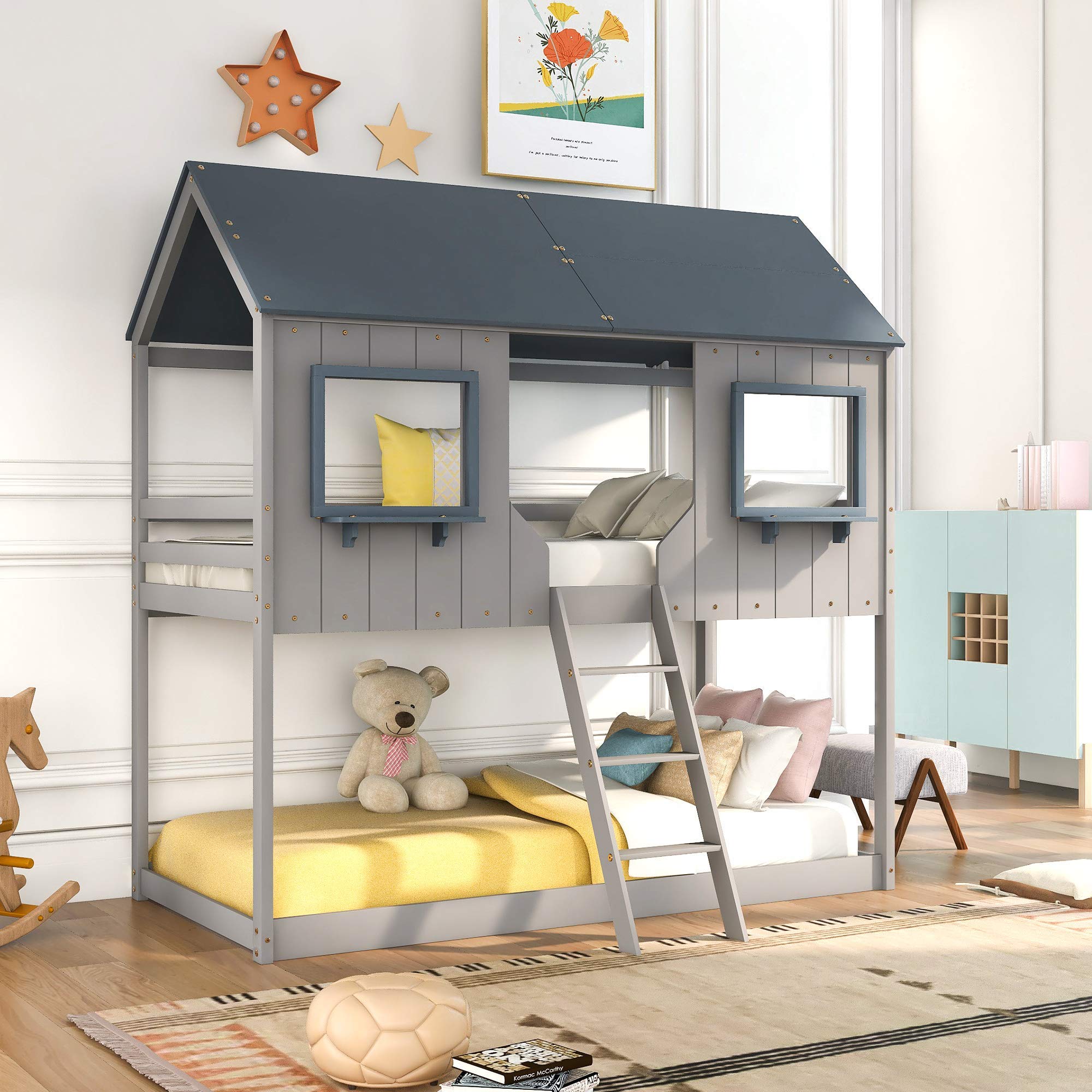 **Twin Over Twin Bunk Bed with Roof - Sturdy Wood Loft Bed Frame for Kids & Teens - Includes Window, Guardrail & Ladder - No Box Spring Needed - Perfect for Small Bedrooms, Dorms, or Shared Kids' Rooms (Gray)**